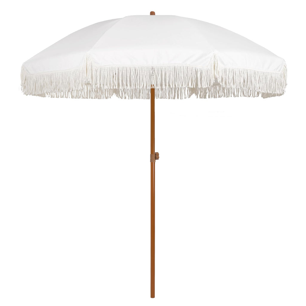 AMMSUN 7ft Patio Umbrella with Fringe Outdoor Tassel Umbrella UPF50+ Premium Steel Pole and Ribs Push Button Tilt, Navy Blue Stripes