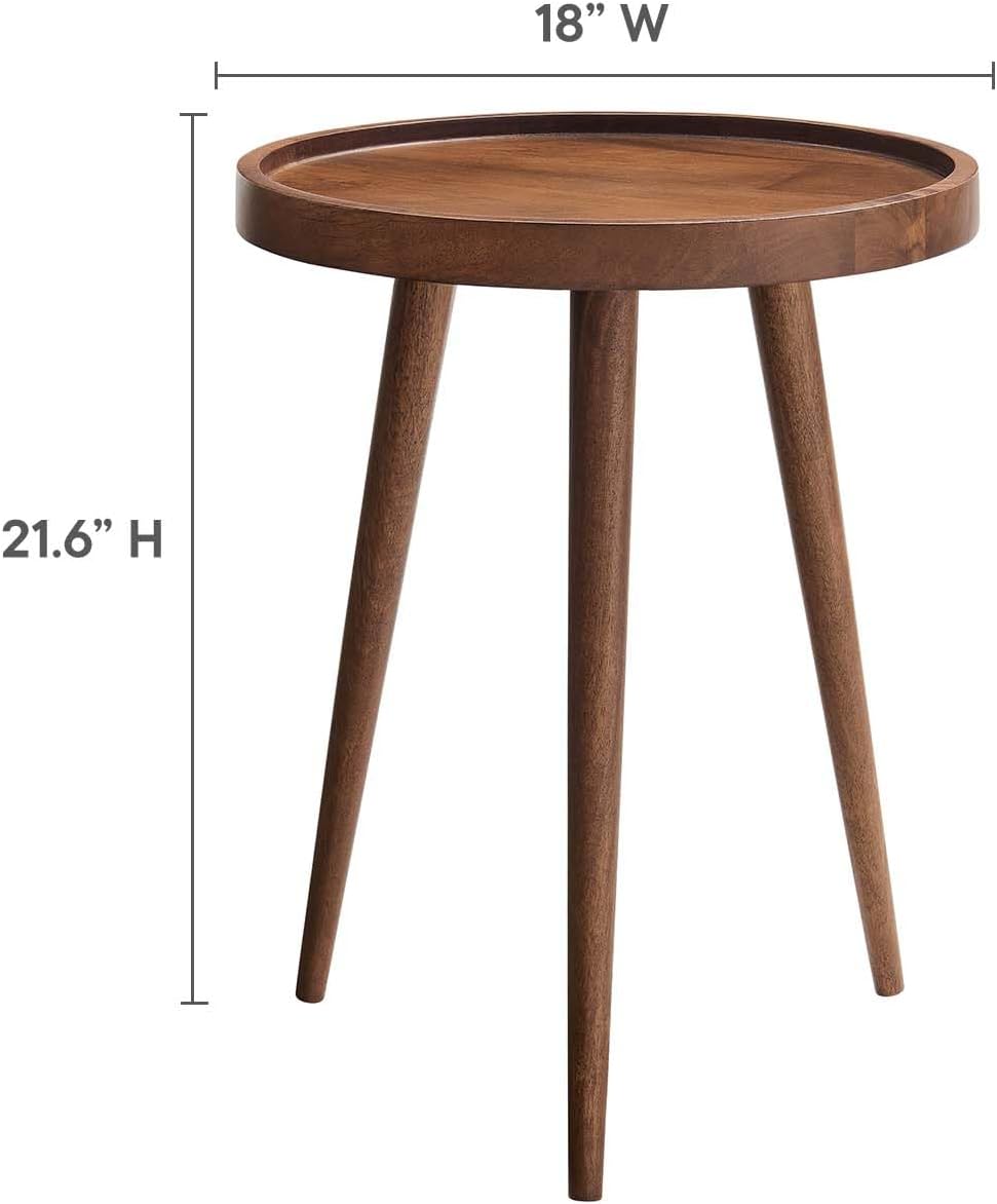 Modway Chiro Solid Wood Side Table in Walnut with Tray Top - Mid-Century Modern Round Accent Table - Small Bedside Table with Tapered Legs - Living Room End Table