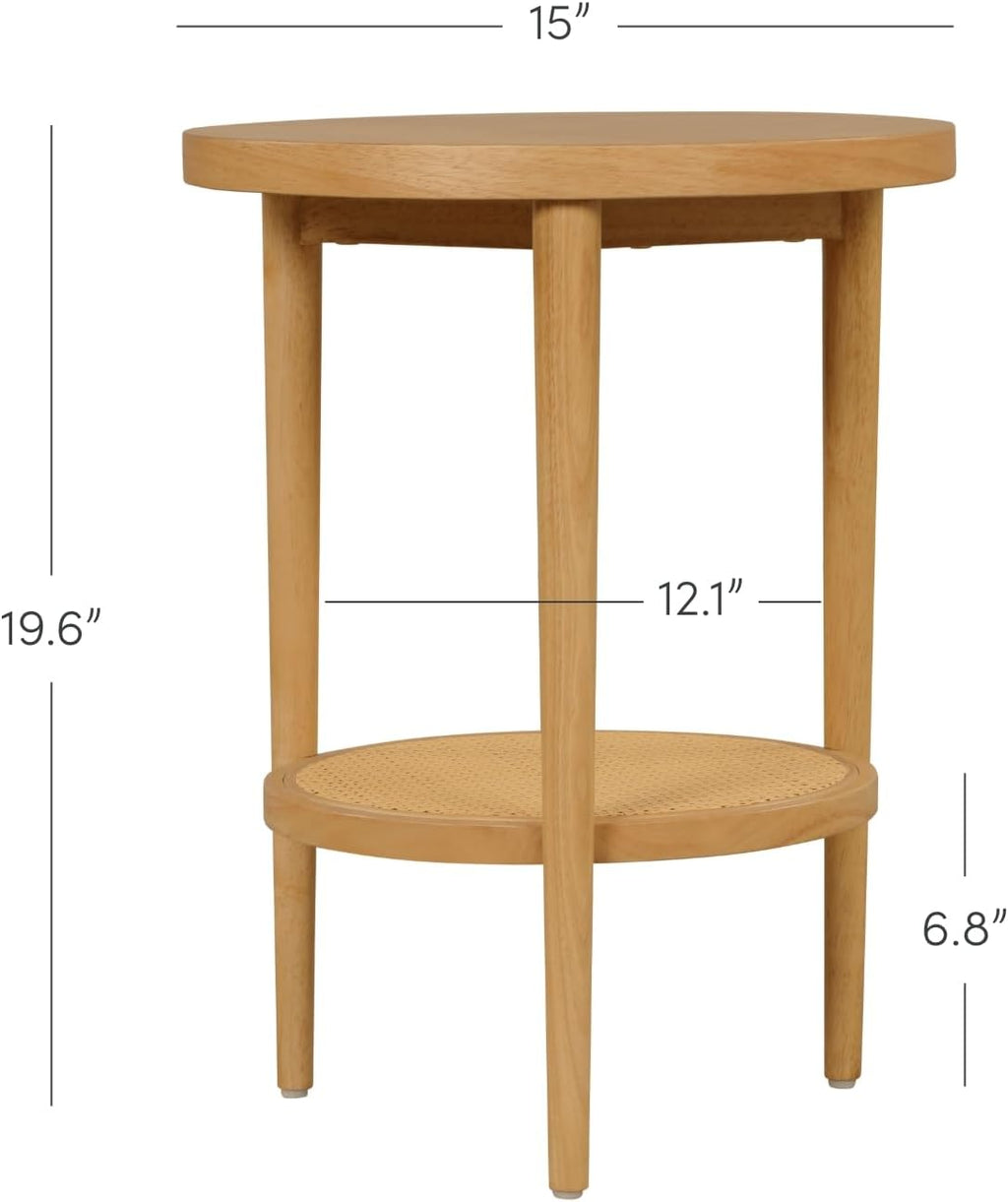 Nathan James Sonia Boho Round Accent End Table, Natural Sofa Side Table in Light Wood with Rattan Storage Shelf for Living Room, Bedroom or Nursery, Light Brown