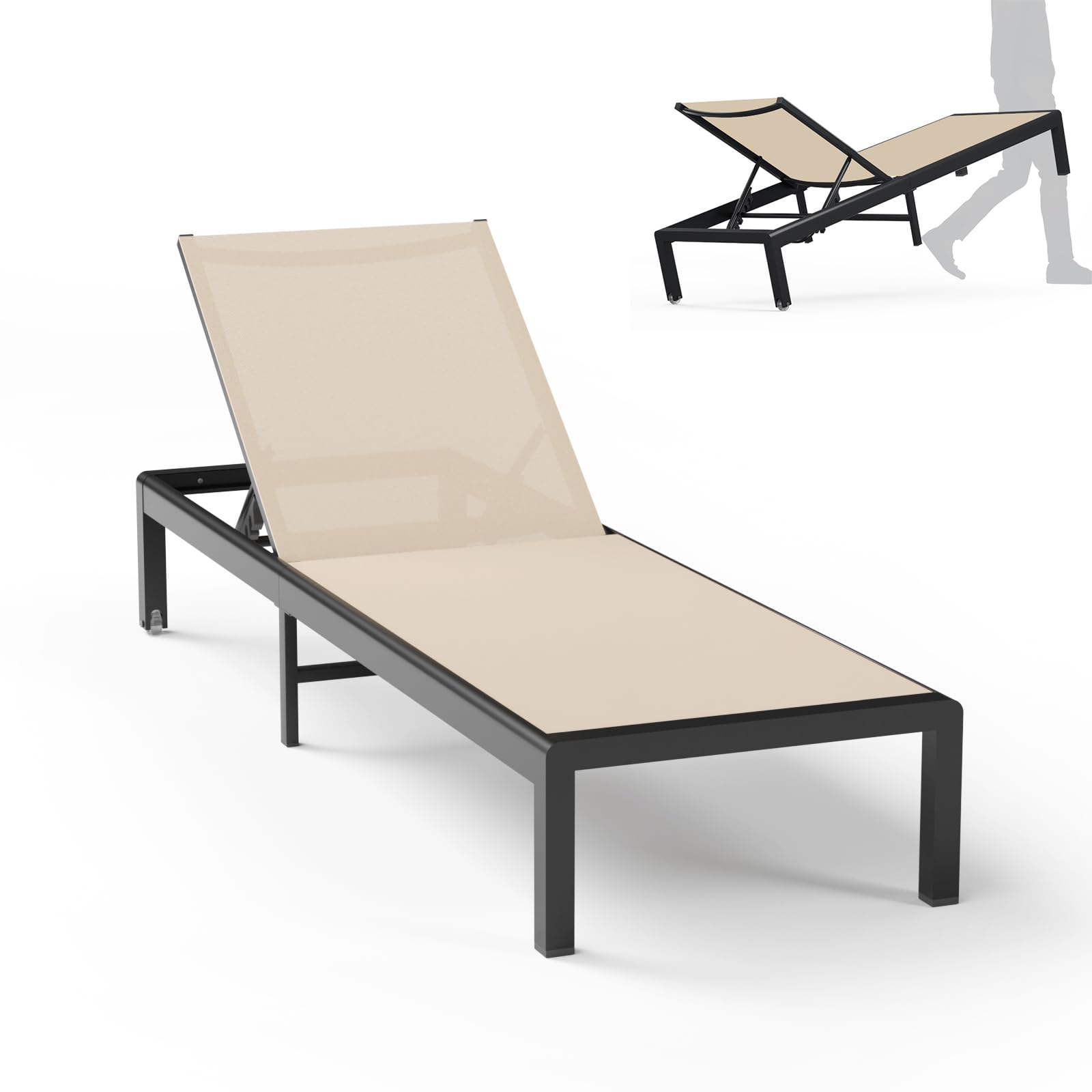 Aluminum Lounge Chairs Outdoor Chaise Furniture,2 Sets Patio Metal Deck Lounger Adjustable 5-Position Poolside Chase Recliner with Wheels for Beach,Coffee Table, (Khaki, 1 Chair)