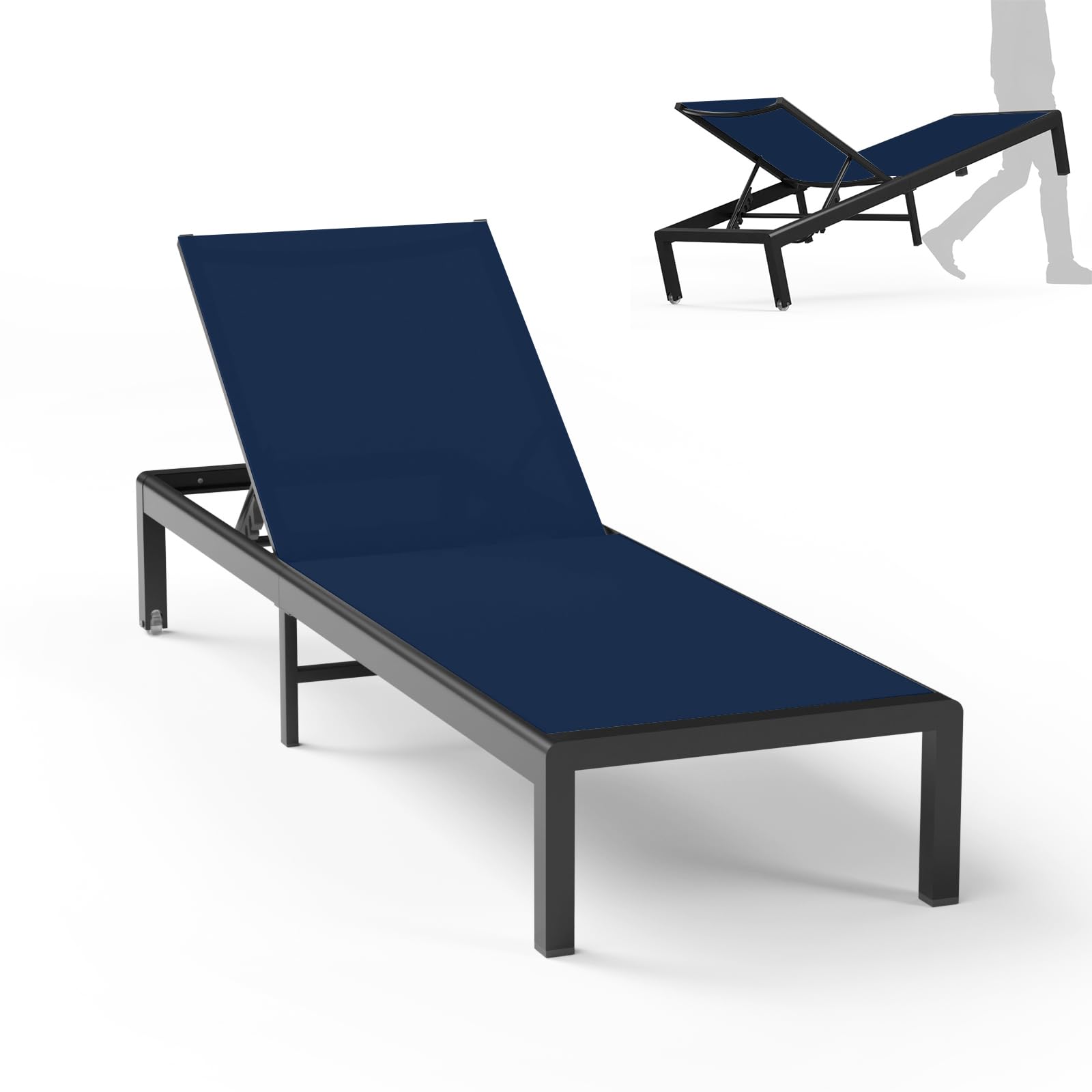 Aluminum Lounge Chairs Outdoor Chaise Furniture,2 Sets Patio Metal Deck Lounger Adjustable 5-Position Poolside Chase Recliner with Wheels for Beach,Coffee Table, (Khaki, 1 Chair)