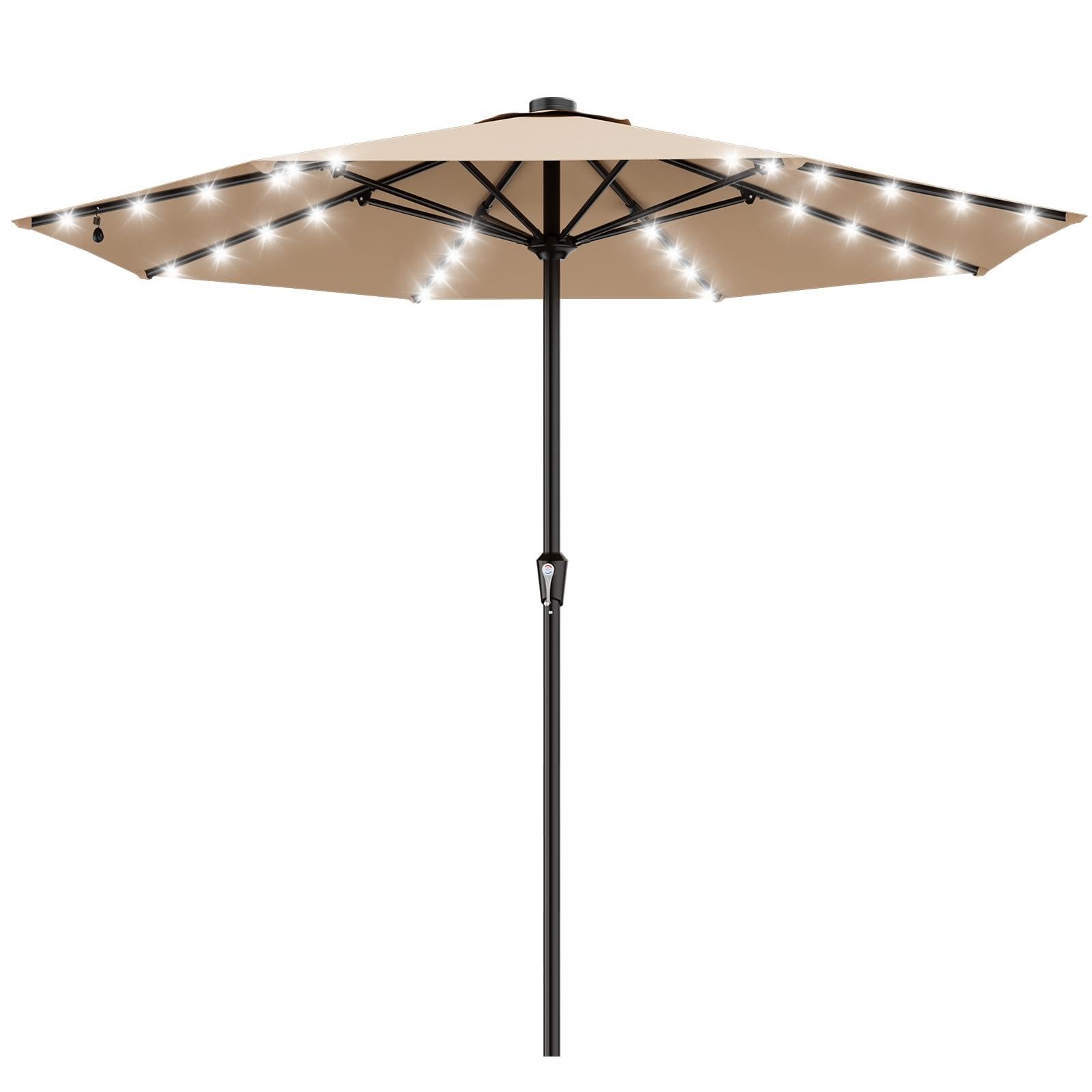 AreShark 9FT Patio Umbrella with Solar Lights, 32 Lighted Pool Umbrella w/Tilt and Crank, Outdoor Market Solar Umbrellas for Garden, Deck, Backyard, Pool and Beach, Beige