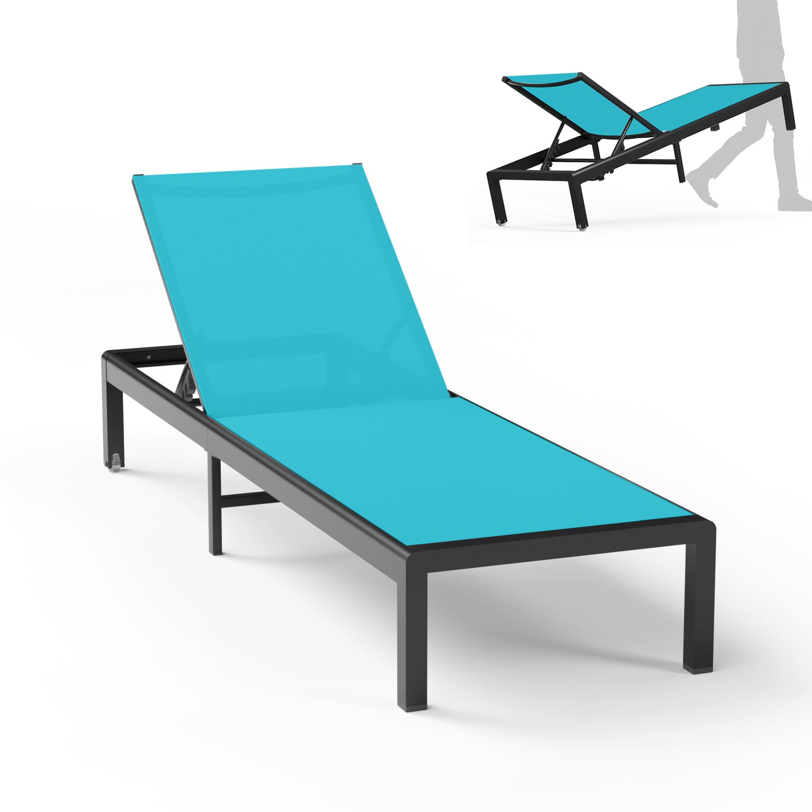 Aluminum Lounge Chairs Outdoor Chaise Furniture,2 Sets Patio Metal Deck Lounger Adjustable 5-Position Poolside Chase Recliner with Wheels for Beach,Coffee Table, (Khaki, 1 Chair)