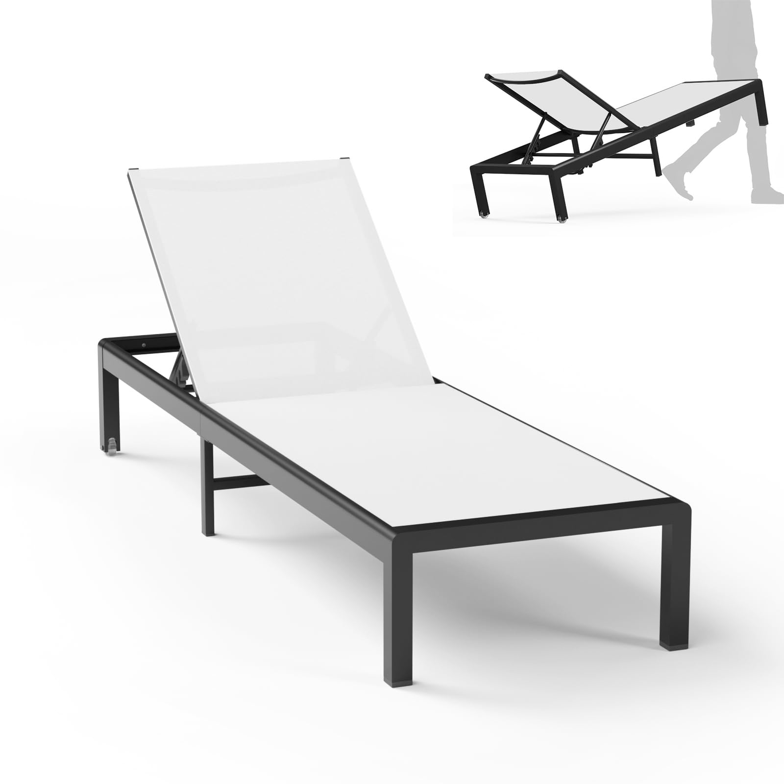Aluminum Lounge Chairs Outdoor Chaise Furniture,2 Sets Patio Metal Deck Lounger Adjustable 5-Position Poolside Chase Recliner with Wheels for Beach,Coffee Table, (Khaki, 1 Chair)