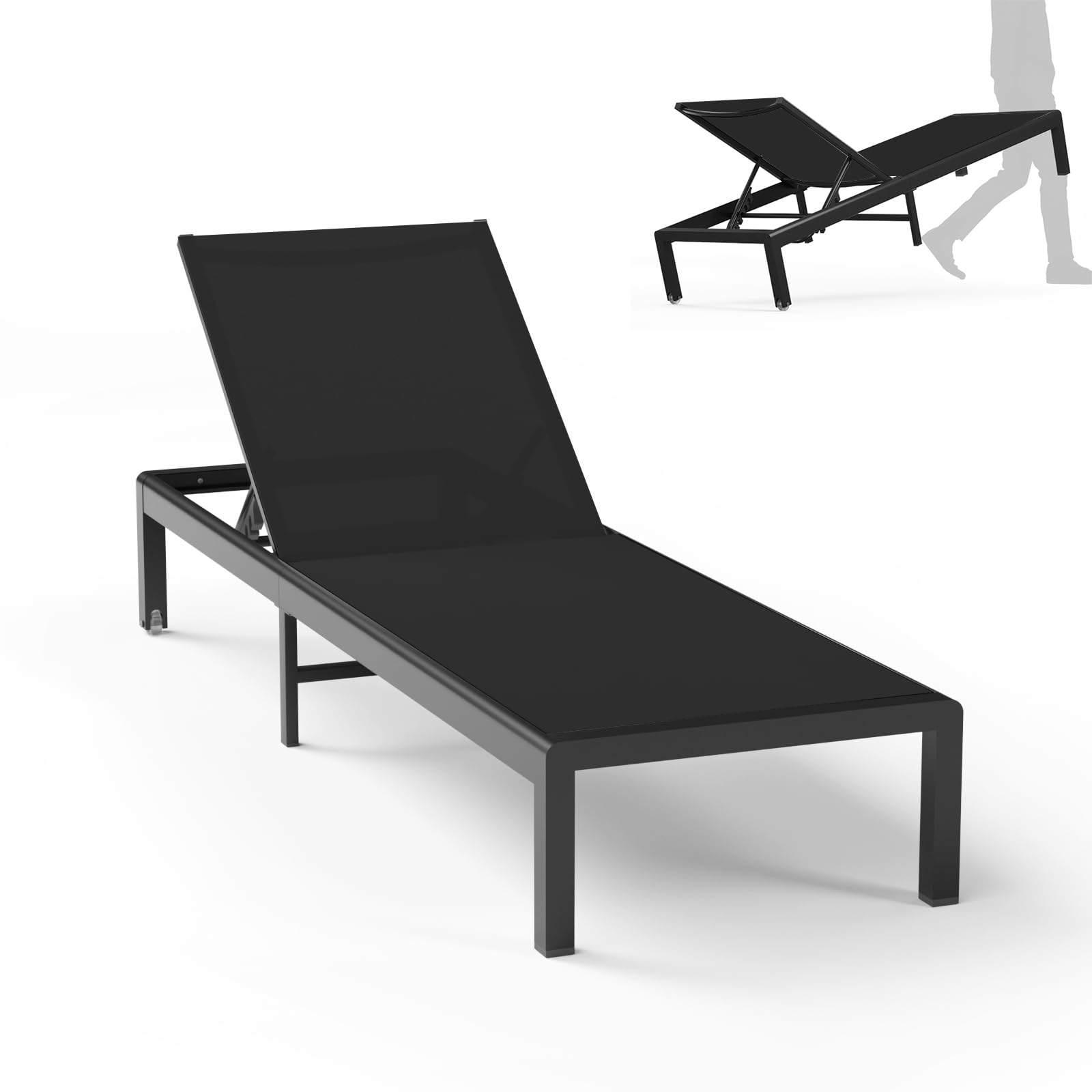 Aluminum Lounge Chairs Outdoor Chaise Furniture,2 Sets Patio Metal Deck Lounger Adjustable 5-Position Poolside Chase Recliner with Wheels for Beach,Coffee Table, (Khaki, 1 Chair)