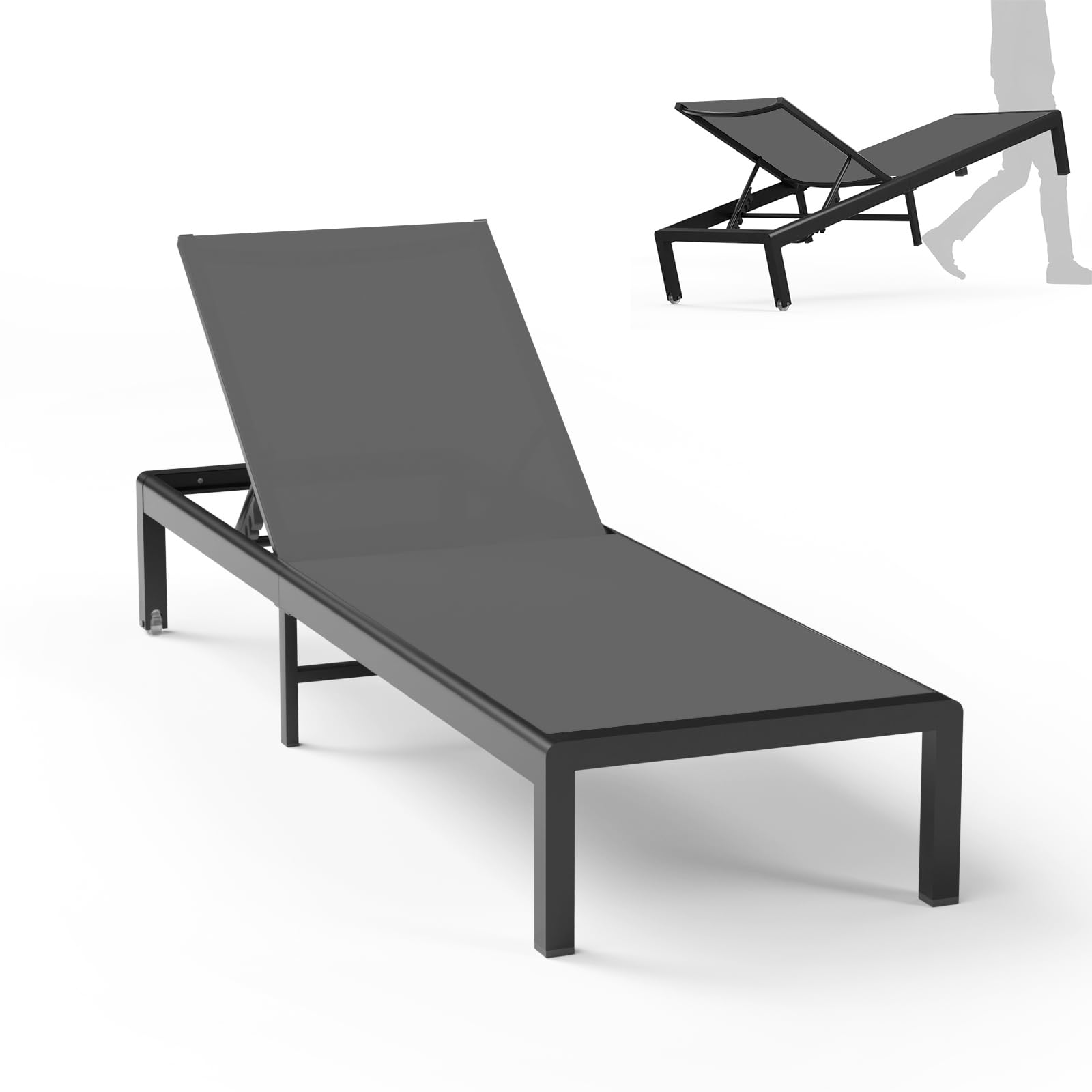 Aluminum Lounge Chairs Outdoor Chaise Furniture,2 Sets Patio Metal Deck Lounger Adjustable 5-Position Poolside Chase Recliner with Wheels for Beach,Coffee Table, (Khaki, 1 Chair)