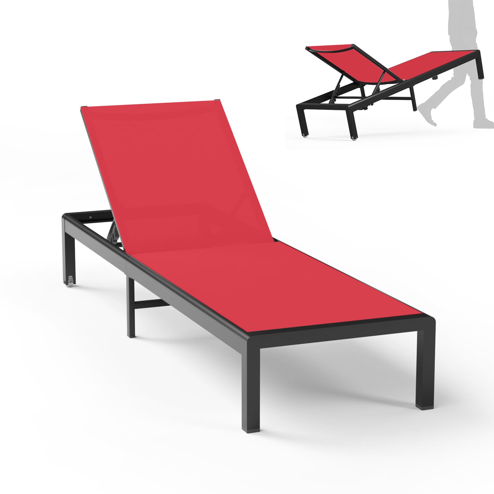 Aluminum Lounge Chairs Outdoor Chaise Furniture,2 Sets Patio Metal Deck Lounger Adjustable 5-Position Poolside Chase Recliner with Wheels for Beach,Coffee Table, (Khaki, 1 Chair)