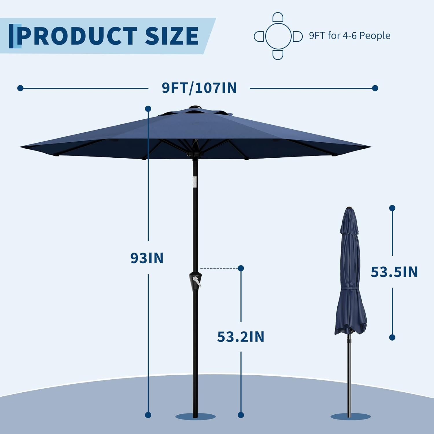 Garvee 9FT Patio Umbrella - Outdoor Table Umbrella with Smooth Crank Lift, Push Button Tilt and 8 Sturdy Ribs - Market Umbrella UV Protection Waterproof for Pool, Deck, Yard, Garden (Navy Blue)
