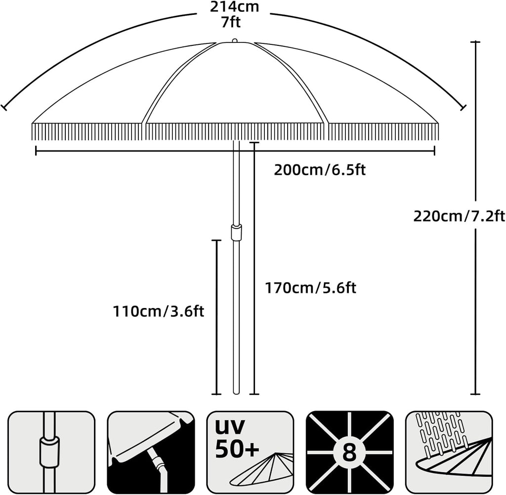 AMMSUN 7ft Patio Umbrella with Fringe Outdoor Tassel Umbrella UPF50+ Premium Steel Pole and Ribs Push Button Tilt, Navy Blue Stripes