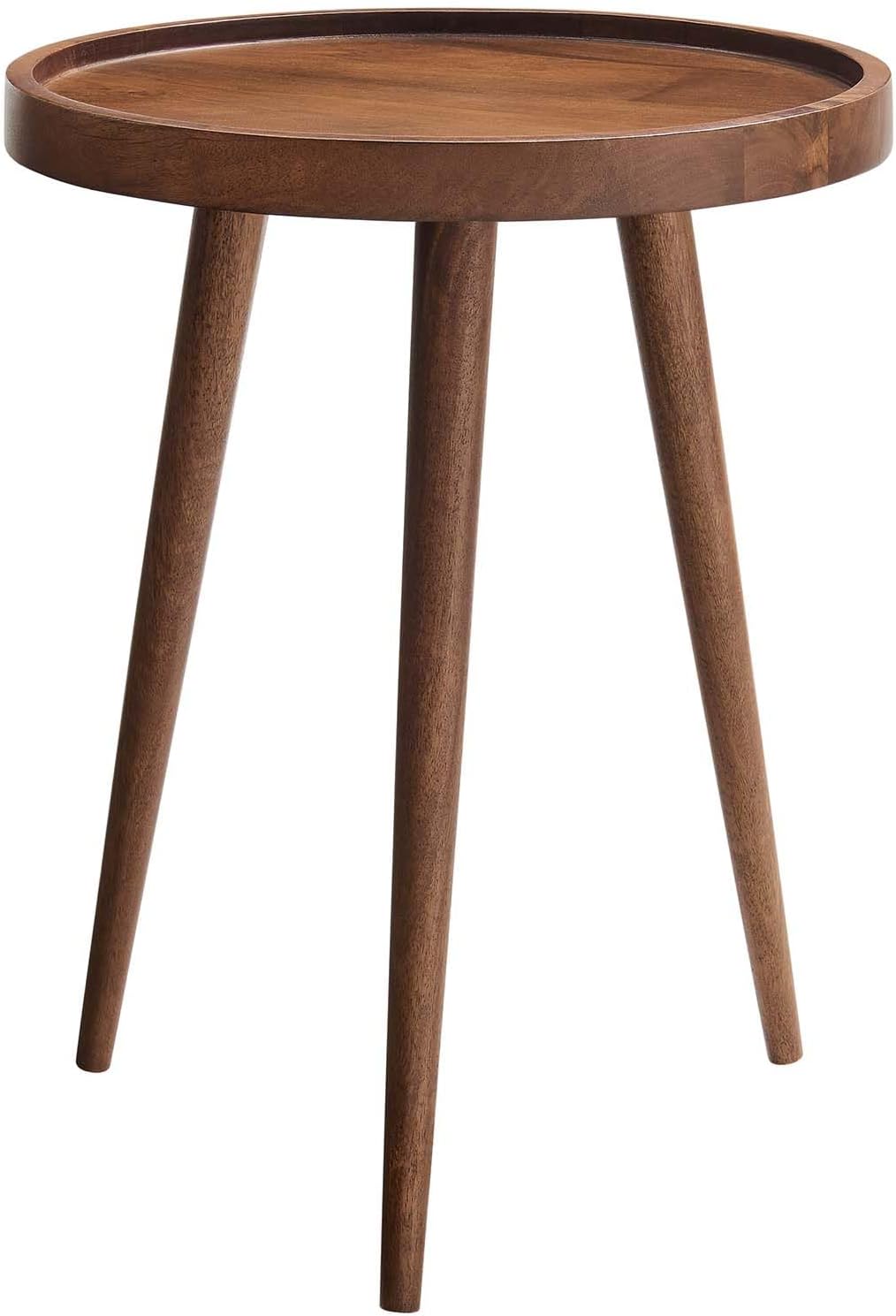 Modway Chiro Solid Wood Side Table in Walnut with Tray Top - Mid-Century Modern Round Accent Table - Small Bedside Table with Tapered Legs - Living Room End Table