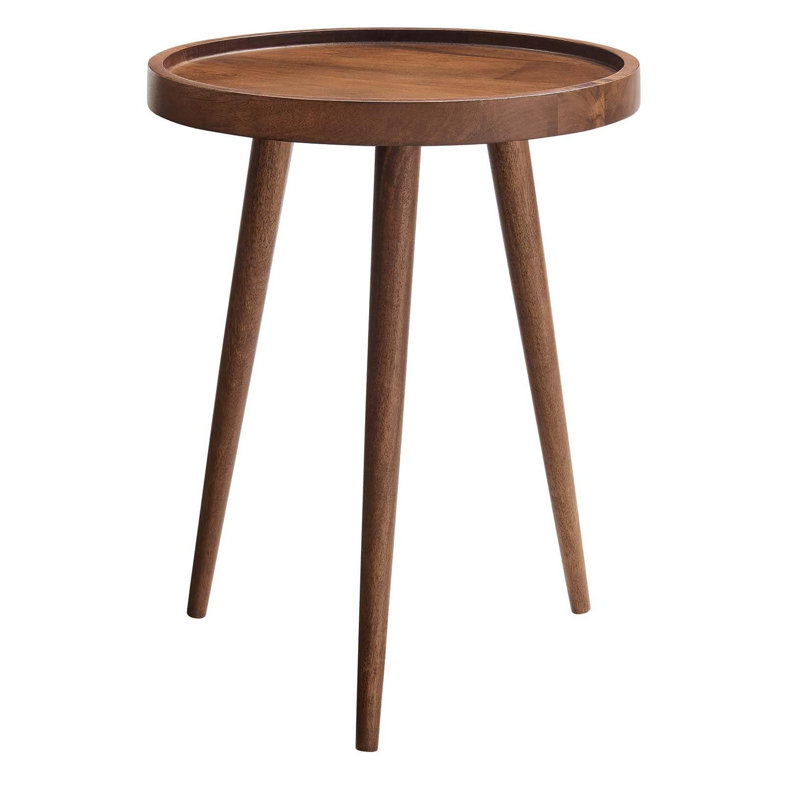 Modway Chiro Solid Wood Side Table in Walnut with Tray Top - Mid-Century Modern Round Accent Table - Small Bedside Table with Tapered Legs - Living Room End Table