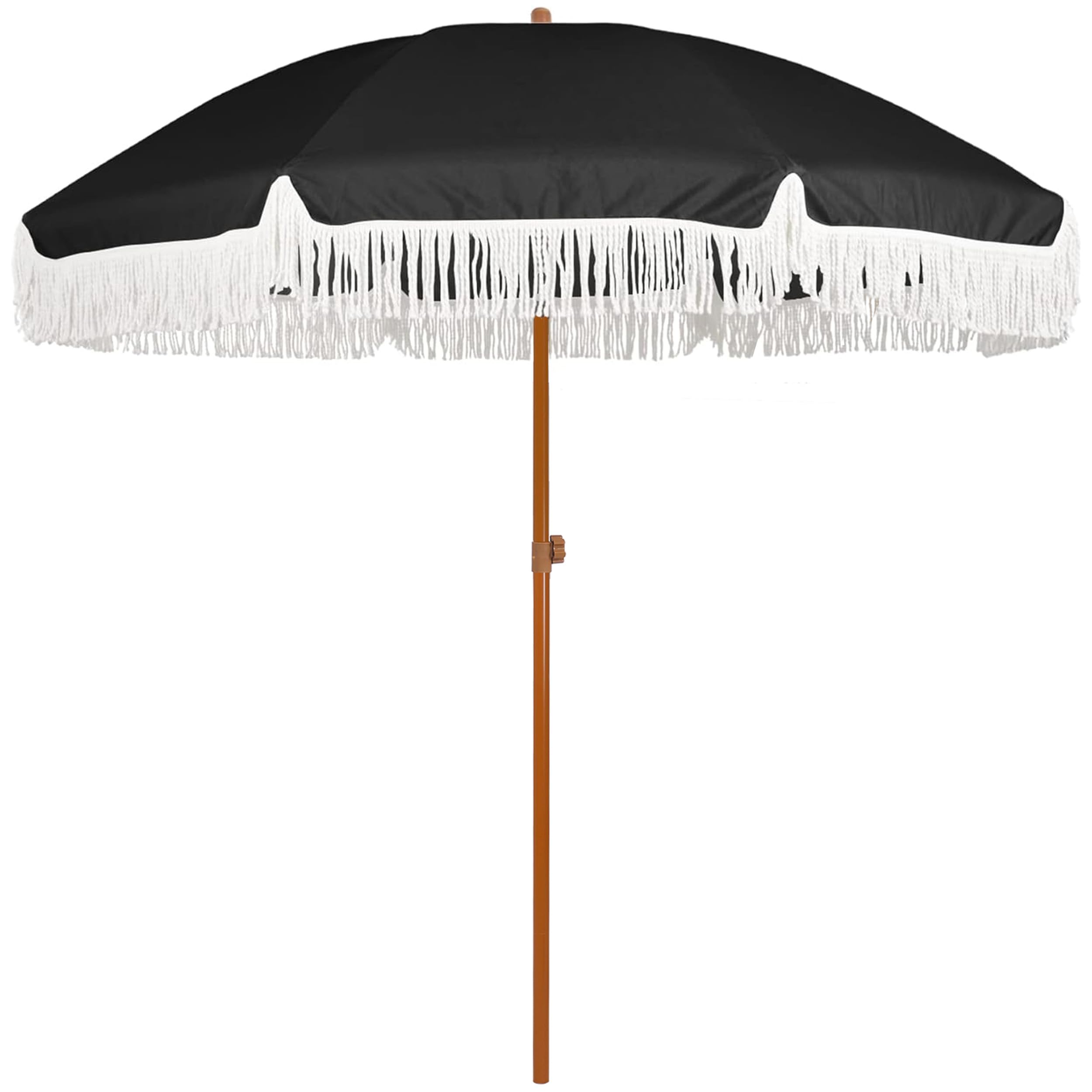 AMMSUN 7ft Patio Umbrella with Fringe Outdoor Tassel Umbrella UPF50+ Premium Steel Pole and Ribs Push Button Tilt, Navy Blue Stripes