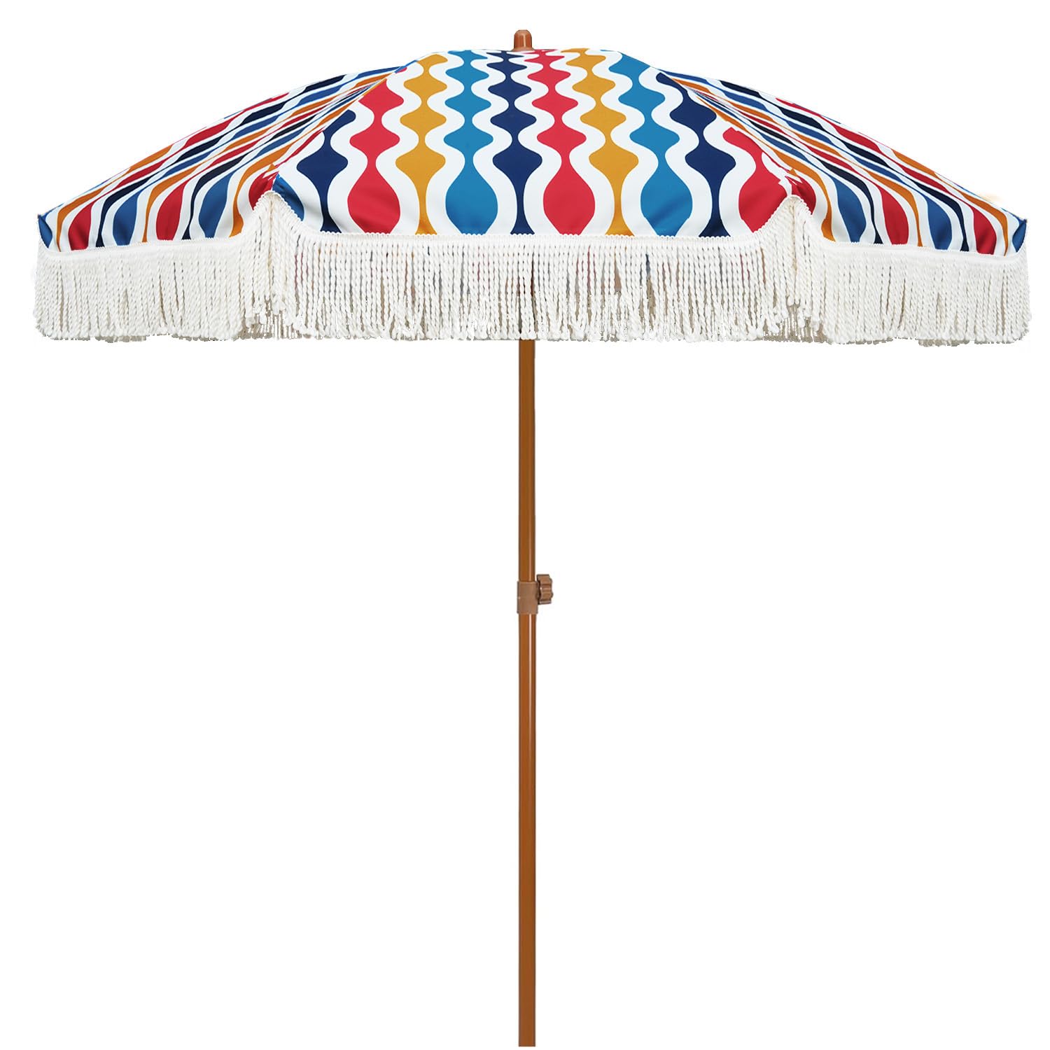 AMMSUN 7ft Patio Umbrella with Fringe Outdoor Tassel Umbrella UPF50+ Premium Steel Pole and Ribs Push Button Tilt, Navy Blue Stripes