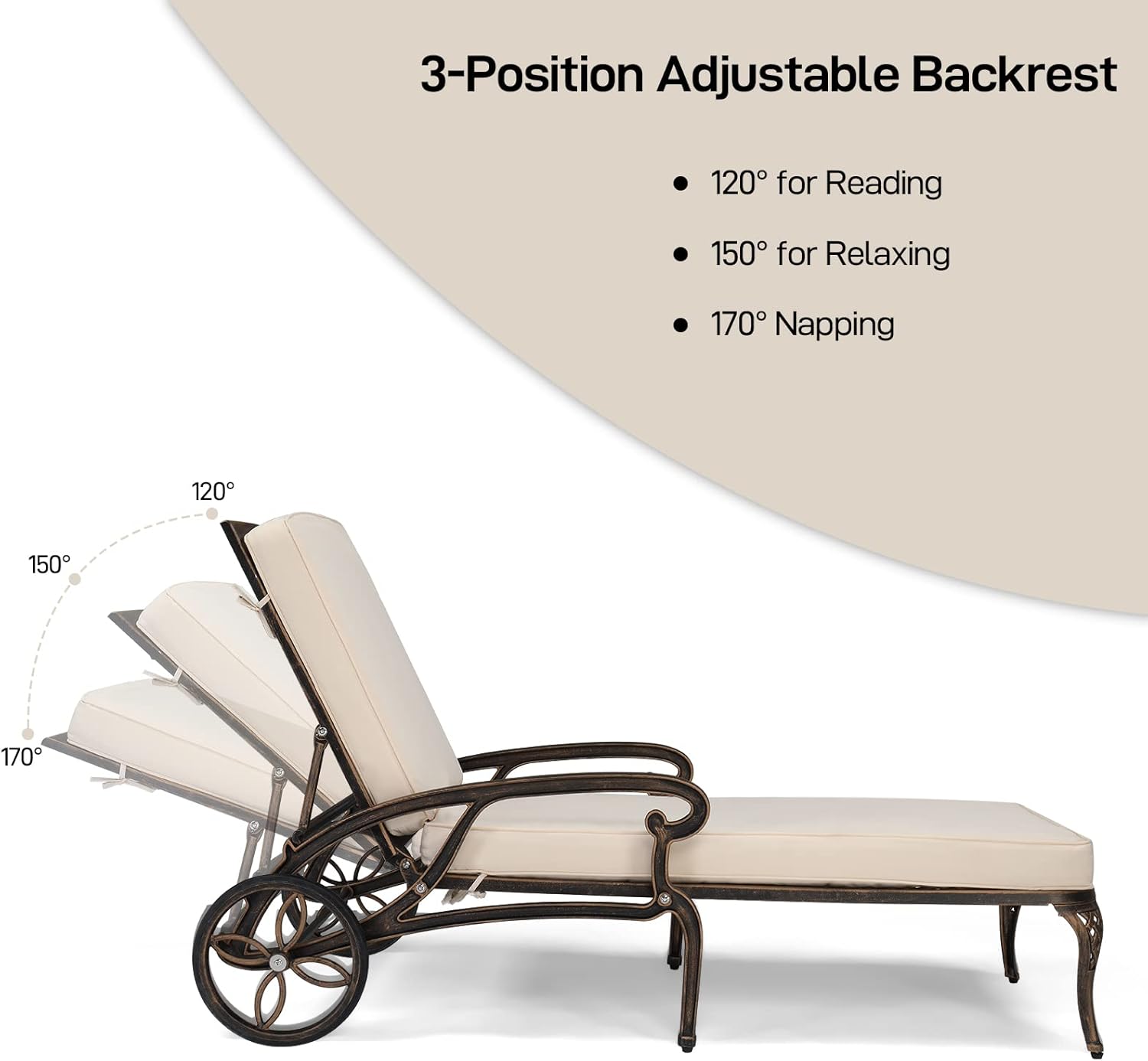 VINGLI Cast Aluminum Outdoor Chaise Lounge Chair with Wheels, Patio Chaise Lounge with 3-Position Adjustable Backrest, Tanning Chair Reclining Chair for Poolside (Bronze, with Cushion)
