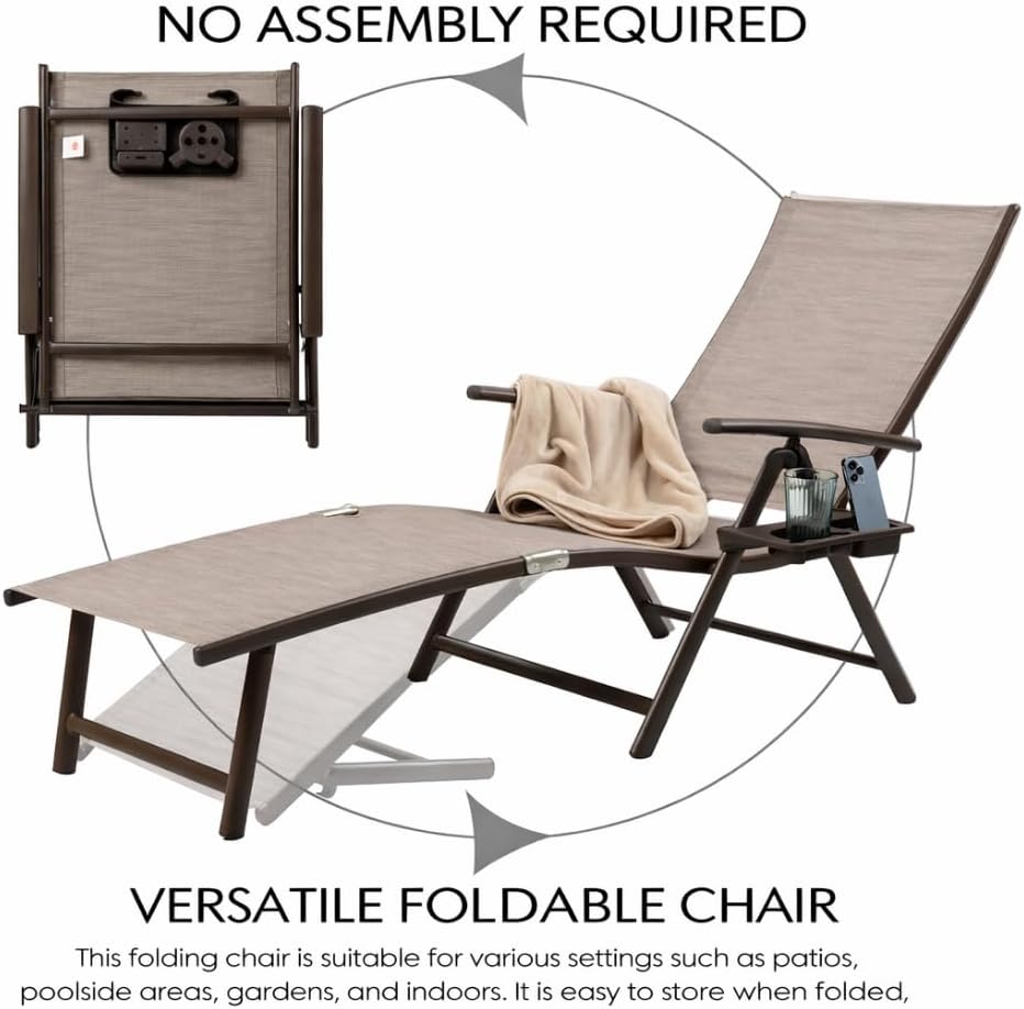 Kozyard Aluminum Outdoor Chaise Lounge Chair, Adjustable Reclining Patio Lounge with Drink Holder, Weather-Resistant Pool, Deck & Yard Recliner, Assemble-Free (1Pack, Beige)