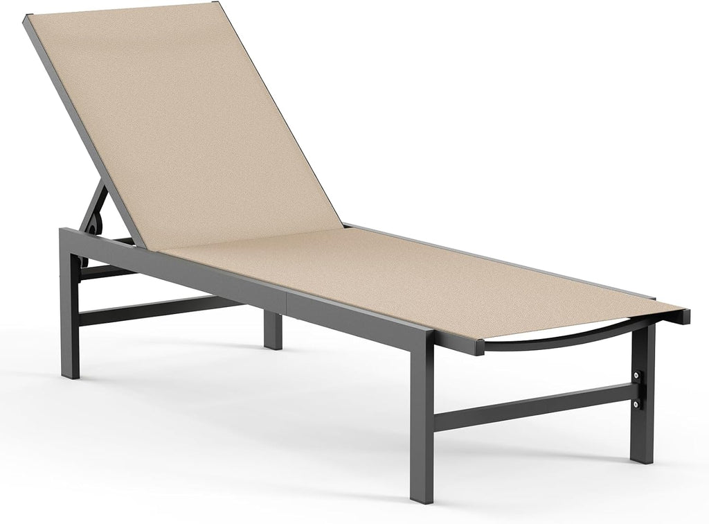 Vexwalx Outdoor Lounge Chair for Pool, Aluminum Chaise Lounge Chairs with 5-Position Recliner, Patio Lounge Chair for Backyard, Poolside, Deck, Lawn (Khaki)