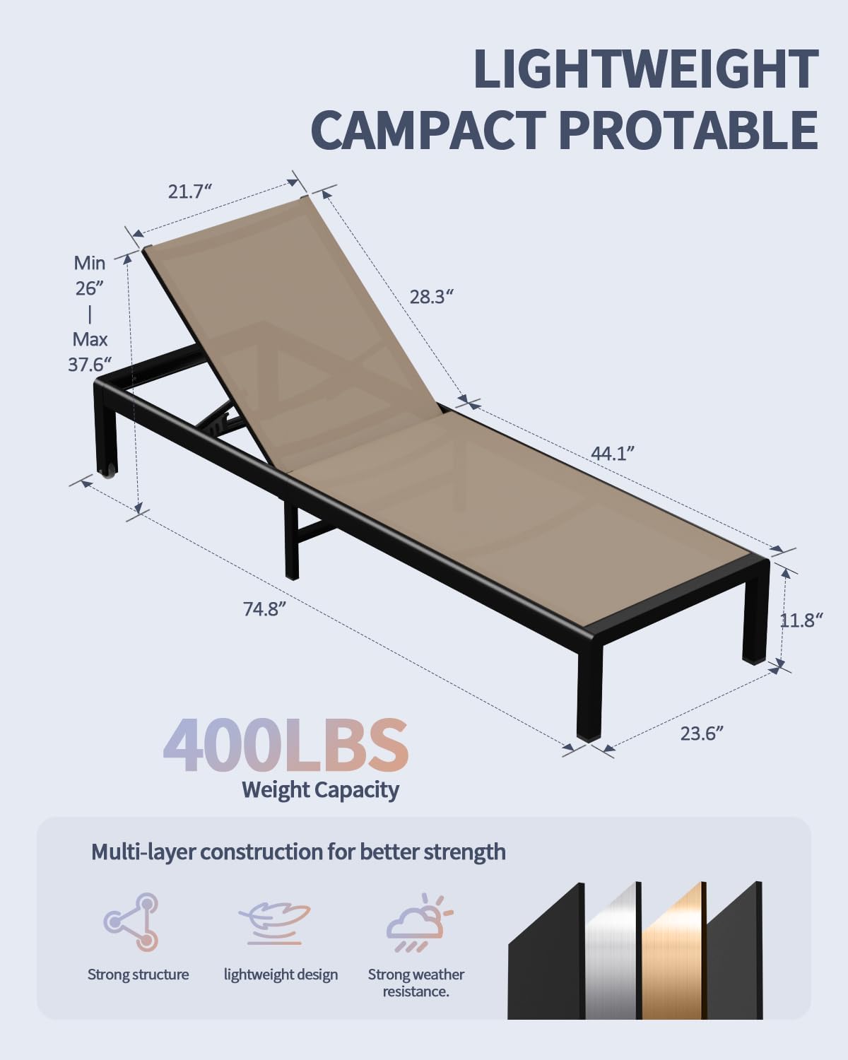 Aluminum Lounge Chairs Outdoor Chaise Furniture,2 Sets Patio Metal Deck Lounger Adjustable 5-Position Poolside Chase Recliner with Wheels for Beach,Coffee Table, (Khaki, 1 Chair)