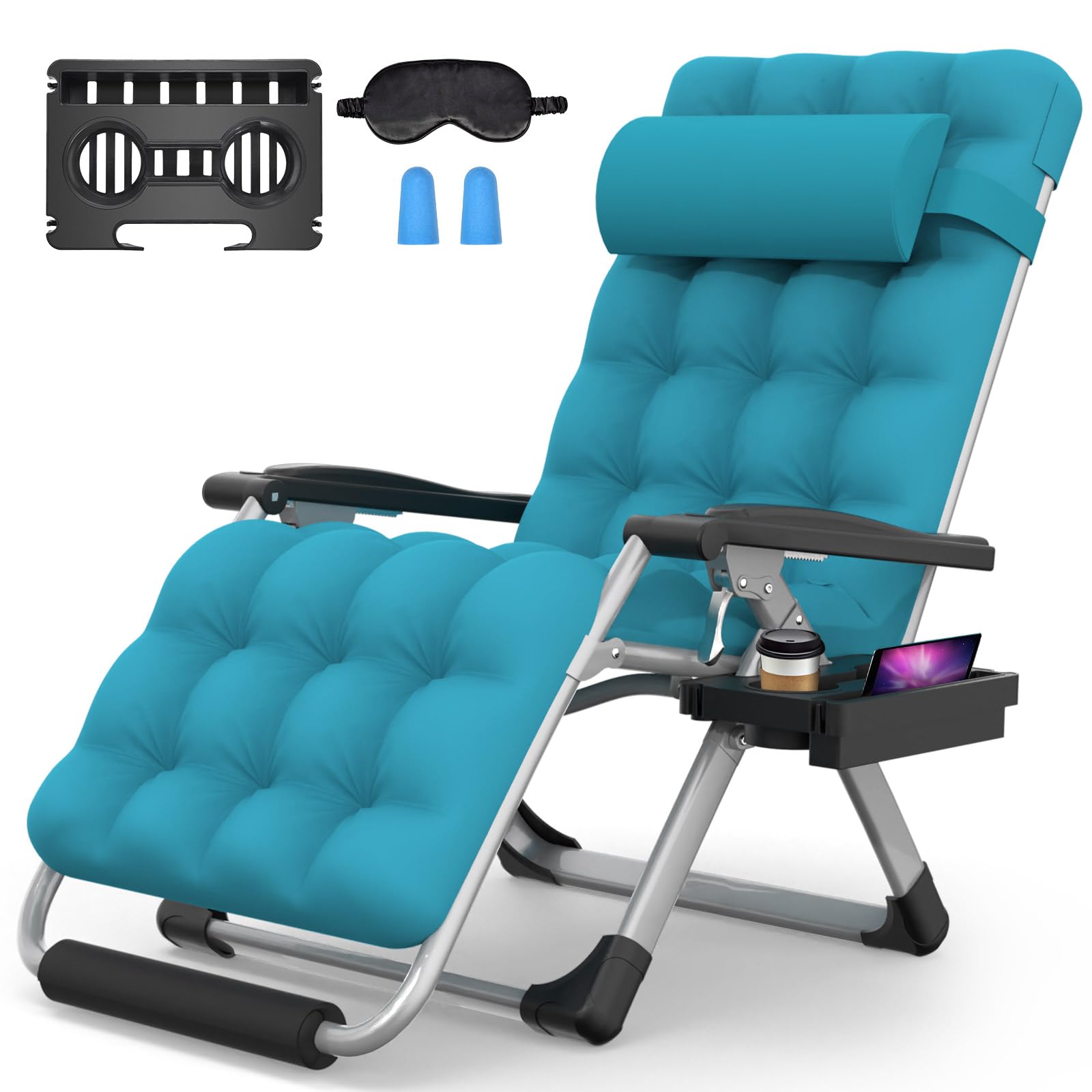 Suteck Zero Gravity Chair, Reclining Camping Lounge Chair with Aluminum Alloy Lock, Folding Patio Recliner w/Removable Pad, Adjustable Headrest and Side Tray for Outdoor Patio, Lawn, and Camping