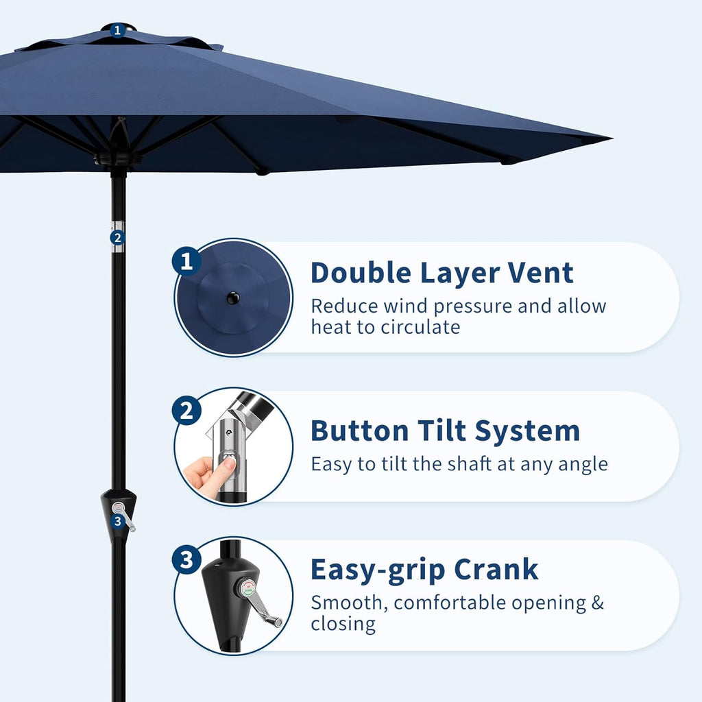 GarveeLife 9FT Umbrella Outdoor Patio, Table Umbrella with Push Button Tilt and Crank, 8 Sturdy Ribs Waterproof UV Protection for Garden, Pool, Deck, Backyard, Market (Navy)