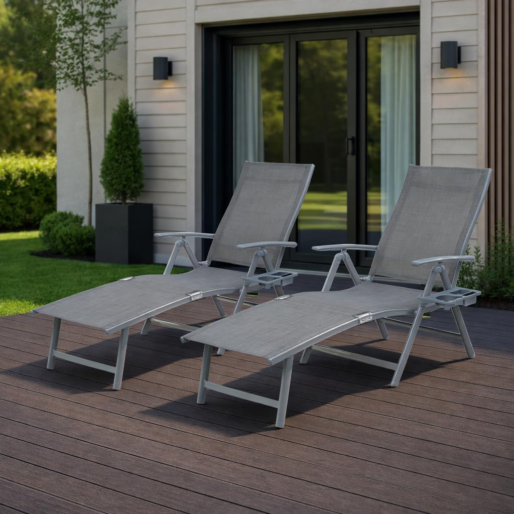 Kozyard Aluminum Outdoor Chaise Lounge Chair, Adjustable Reclining Patio Lounge with Drink Holder, Weather-Resistant Pool, Deck & Yard Recliner, Assemble-Free (1Pack, Beige)