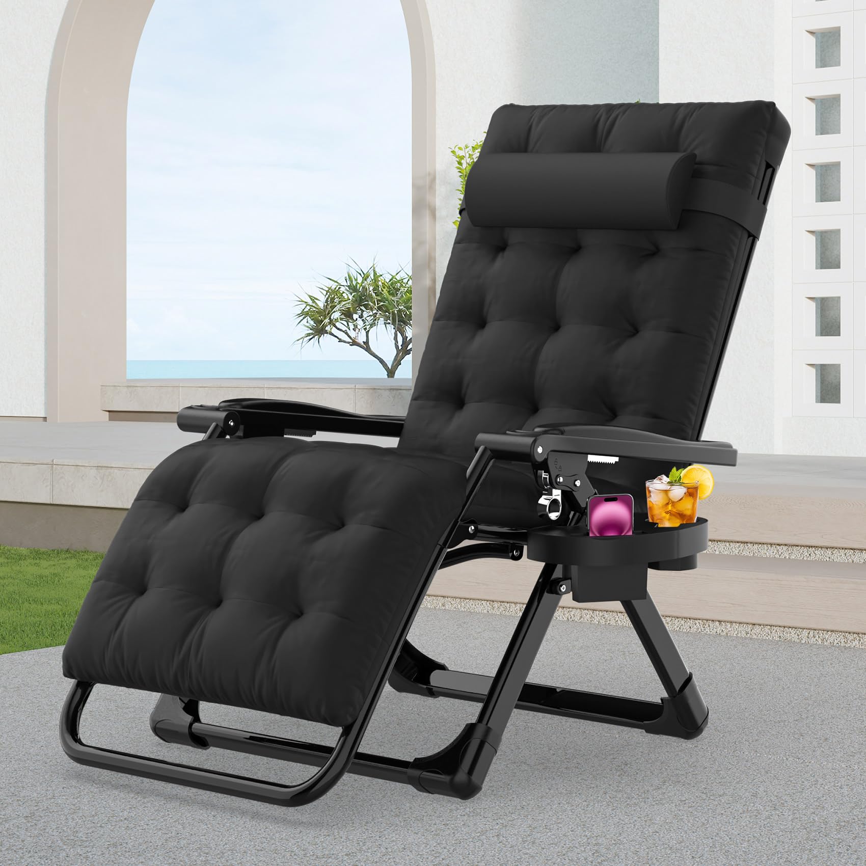 Suteck Zero Gravity Chair, Reclining Camping Lounge Chair with Aluminum Alloy Lock, Folding Patio Recliner w/Removable Pad, Adjustable Headrest and Side Tray for Outdoor Patio, Lawn, and Camping