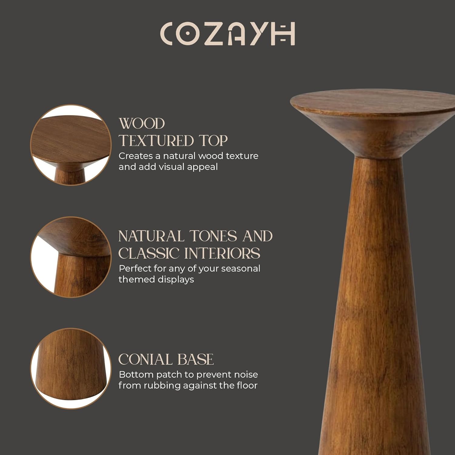 COZAYH 22.8” Tall Round Martini End Table, Walnut – Solid Pine Wood Pedestal Accent Drink Stand with Tapered Base – Farmhouse Modern Furniture for Living Room, Bedroom & Small Spaces
