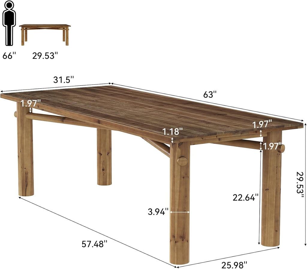 Solid Wood Dining Table for 6, 63 Inch Wooden Kitchen Table with Strong Legs, Farmhouse Rectangle Dinner Table for Dining Room, Living Room