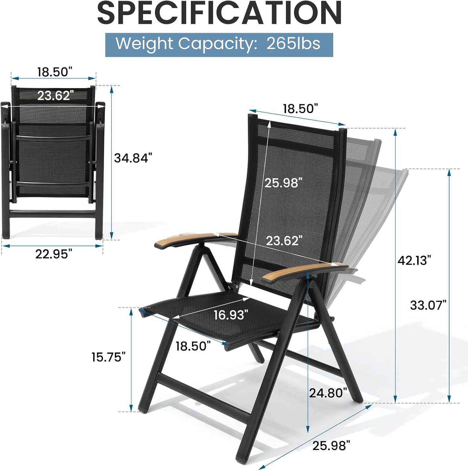 Crestlive Products Aluminum Folding Patio Chair with Teak Armrests, 8-Position Adjustable Backrest, All-Weather Outdoor Recliner Furniture for Patio, Garden, Beach, Balcony for Pool, Backyard, Black