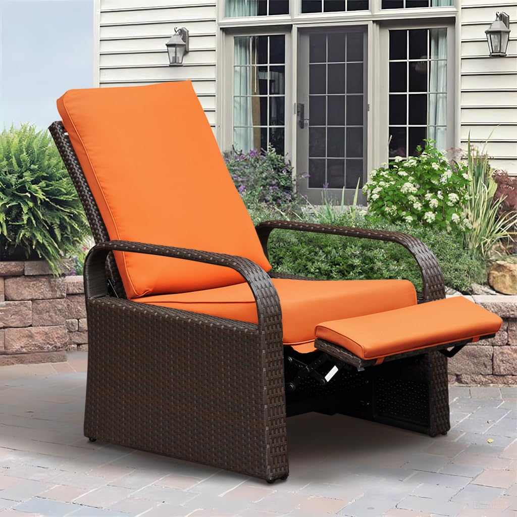 Babylon Outdoor Recliner Wicker Patio Adjustable Recliner Chair with Cushions, Rust-Resistant Aluminum Frame,All-Weather Resin Rattan, Brown& Khaki