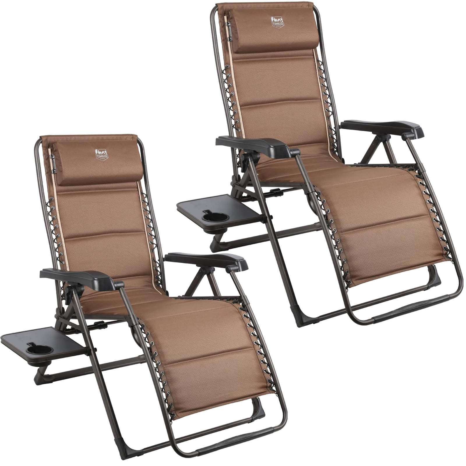 TIMBER RIDGE Aluminum Zero Gravity Chairs, Folding Recliner Chair Padded with Cup Holder and Headrest, Adjustable Lounge Reclining Chair for Outdoor Camping Lawn Patio Indoor, Supports 350lbs, Brown
