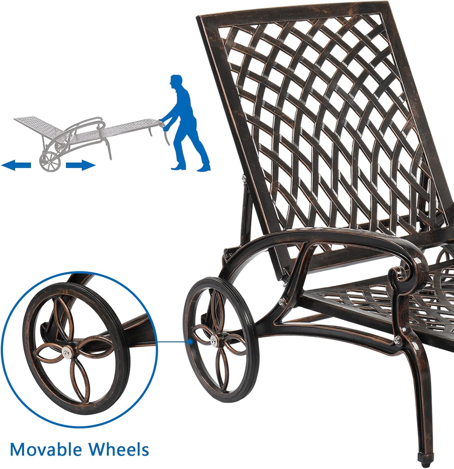Outvita Lounge Chairs for Outside, Patio Cast Aluminum Recliner with Adjustable Back and Rolling Wheels for Backyard Porch Pool Balcony Deck (Bronze)
