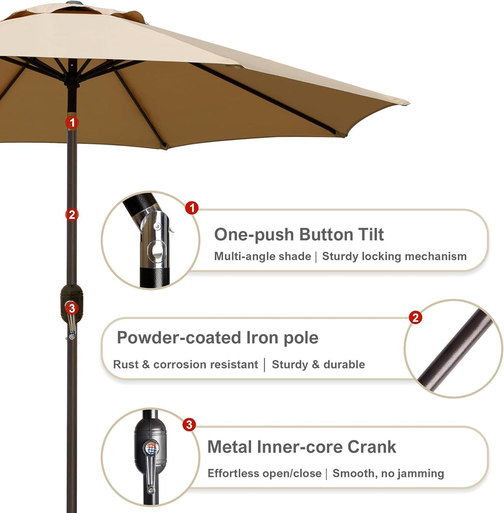 Blissun 9' Outdoor Patio Umbrella, Outdoor Table Umbrella, Yard Umbrella, Market Umbrella with 8 Sturdy Ribs, Push Button Tilt and Crank