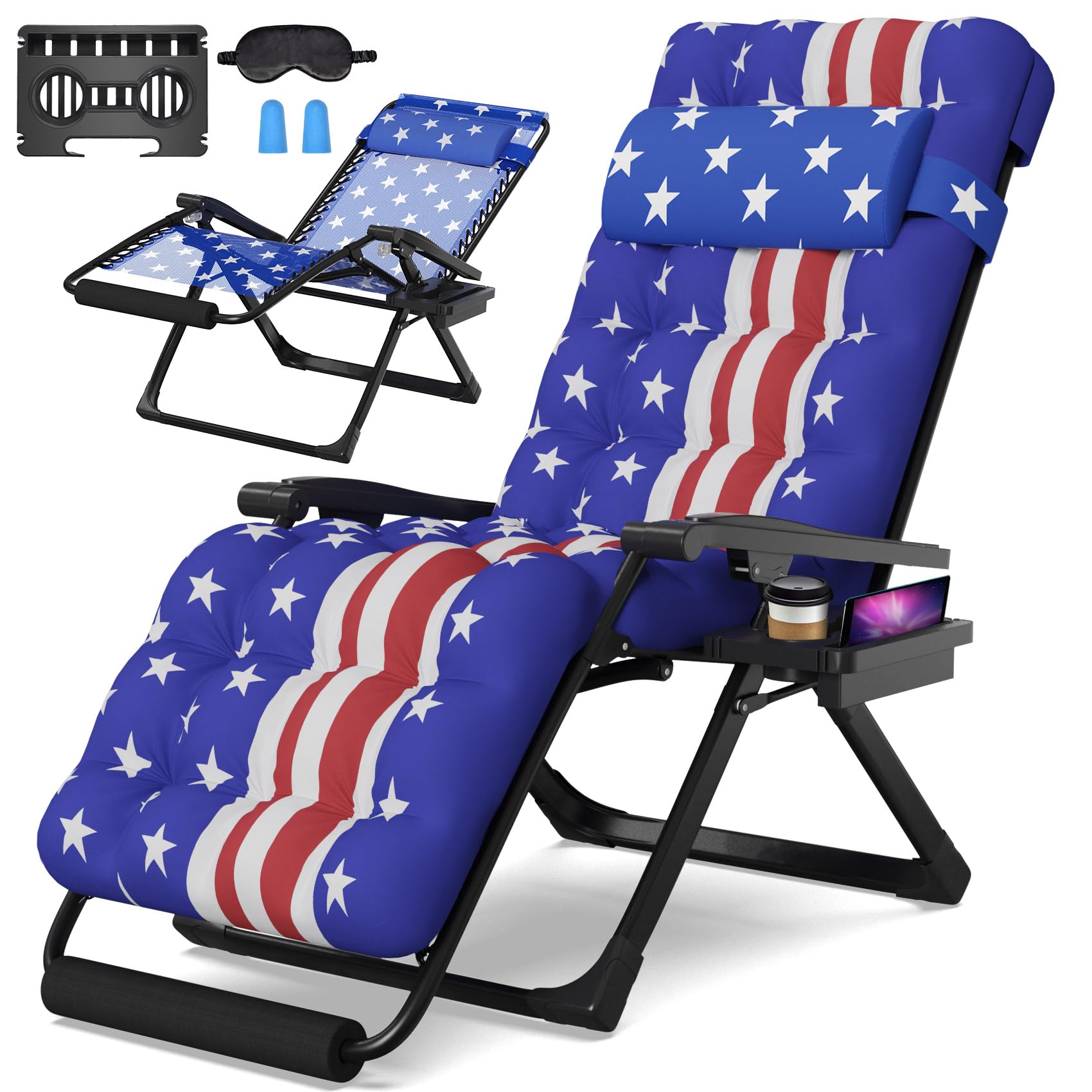 Suteck Zero Gravity Chair, Reclining Camping Lounge Chair with Aluminum Alloy Lock, Folding Patio Recliner w/Removable Pad, Adjustable Headrest and Side Tray for Outdoor Patio, Lawn, and Camping