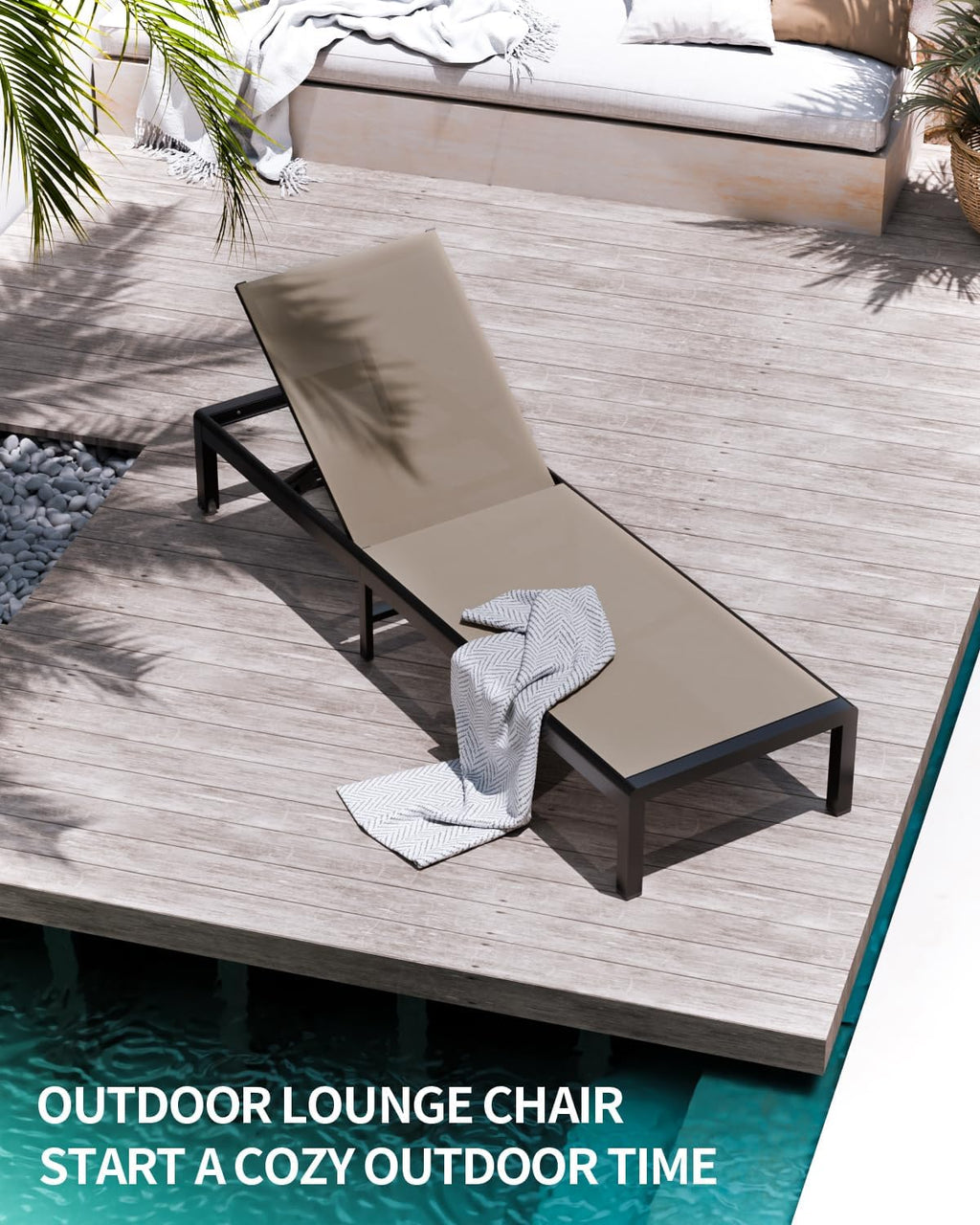 Aluminum Lounge Chairs Outdoor Chaise Furniture,2 Sets Patio Metal Deck Lounger Adjustable 5-Position Poolside Chase Recliner with Wheels for Beach,Coffee Table, (Khaki, 1 Chair)