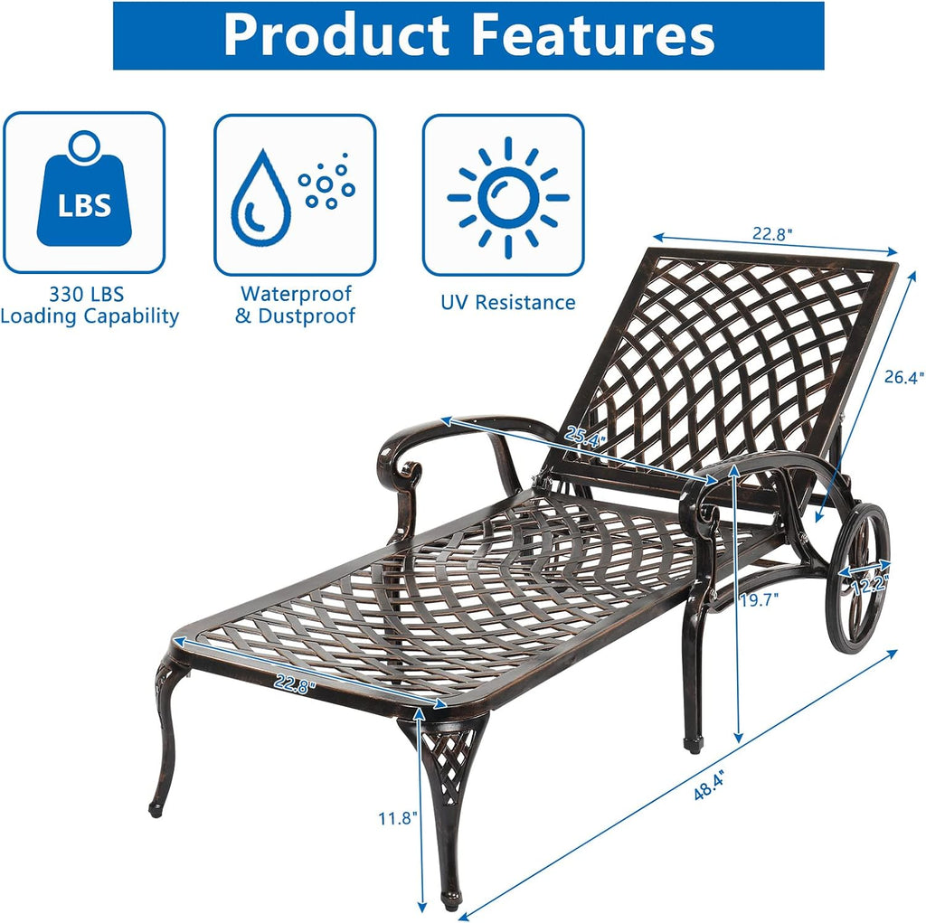 Outvita Lounge Chairs for Outside, Patio Cast Aluminum Recliner with Adjustable Back and Rolling Wheels for Backyard Porch Pool Balcony Deck (Bronze)