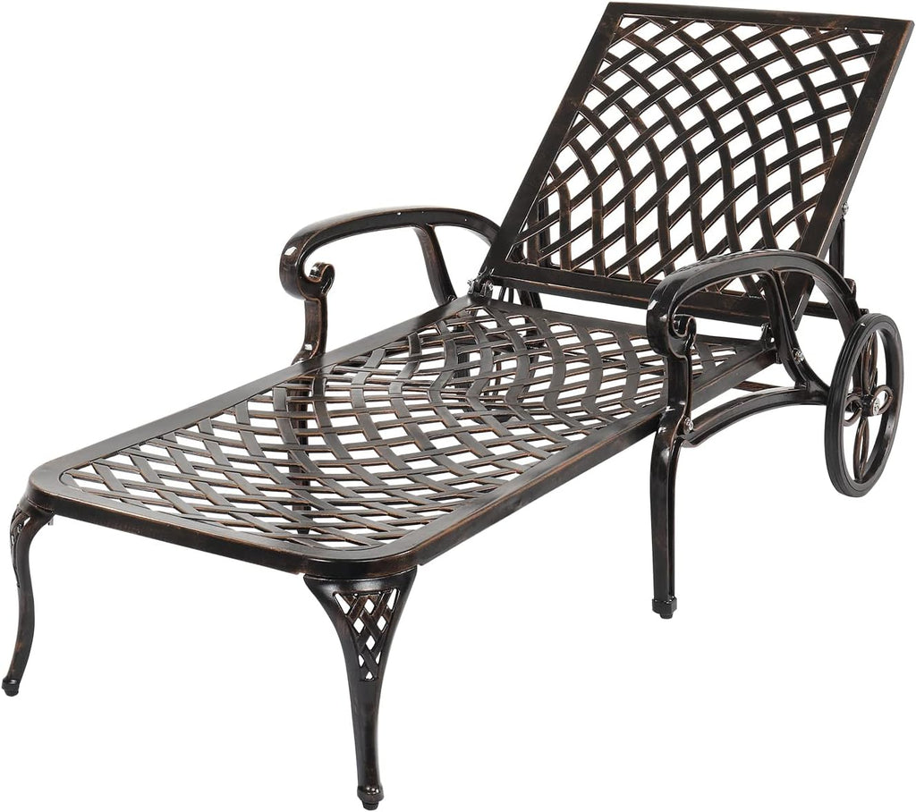 Outvita Lounge Chairs for Outside, Patio Cast Aluminum Recliner with Adjustable Back and Rolling Wheels for Backyard Porch Pool Balcony Deck (Bronze)