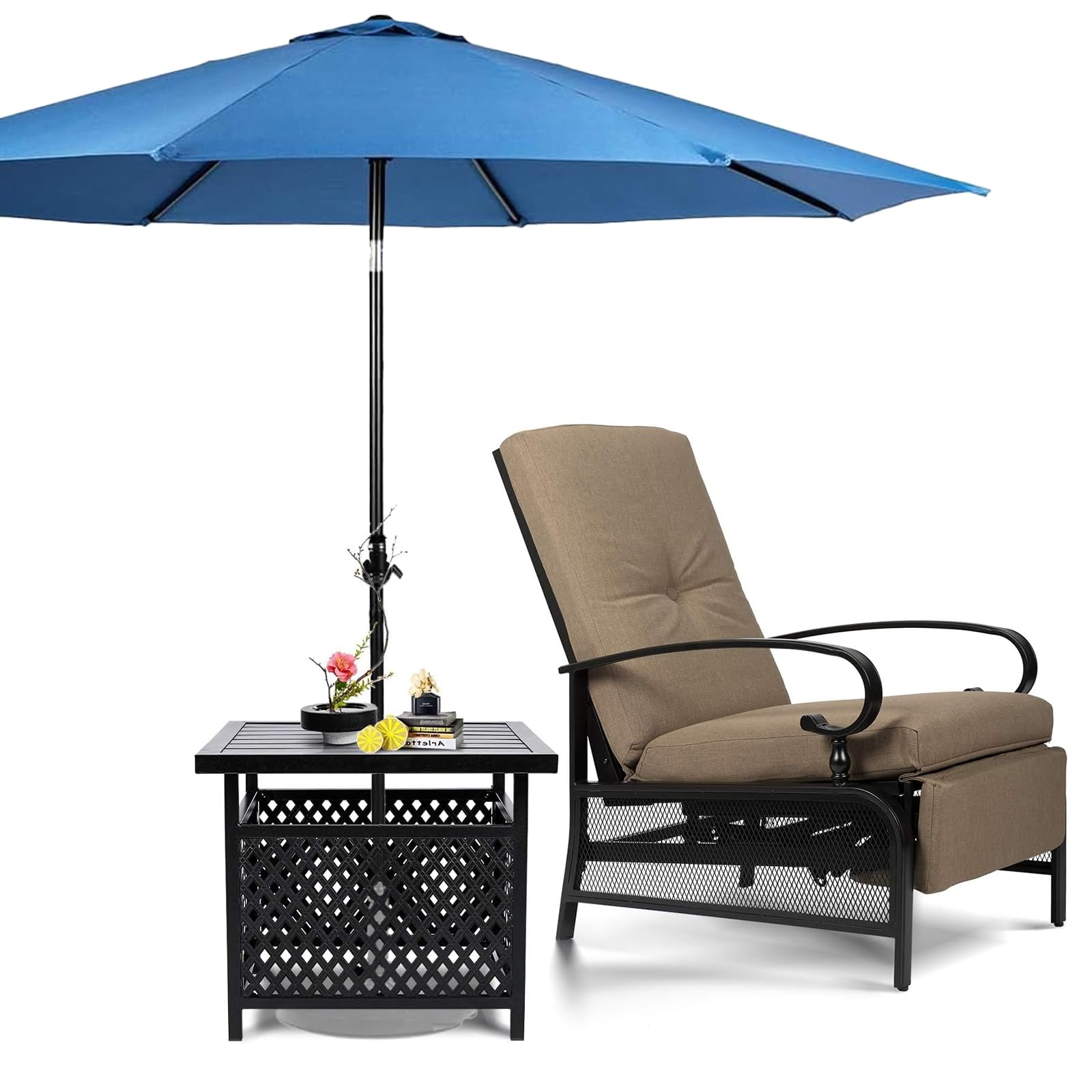 SUNCROWN Outdoor Adjustable Recliner Chair for Patio - A Relaxing Outdoor Metal Furniture Chair with Thick Cushion, Brown