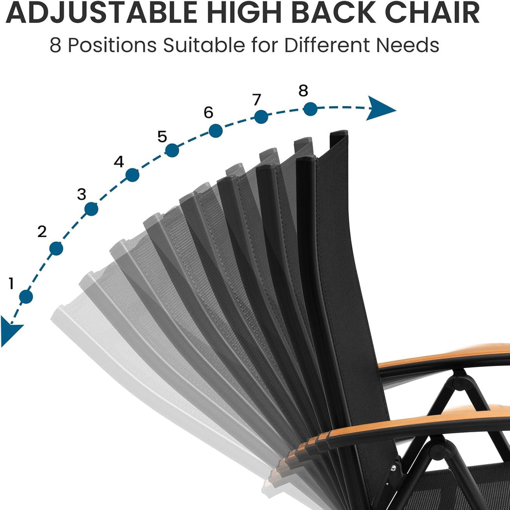 Crestlive Products Aluminum Folding Patio Chair with Teak Armrests, 8-Position Adjustable Backrest, All-Weather Outdoor Recliner Furniture for Patio, Garden, Beach, Balcony for Pool, Backyard, Black