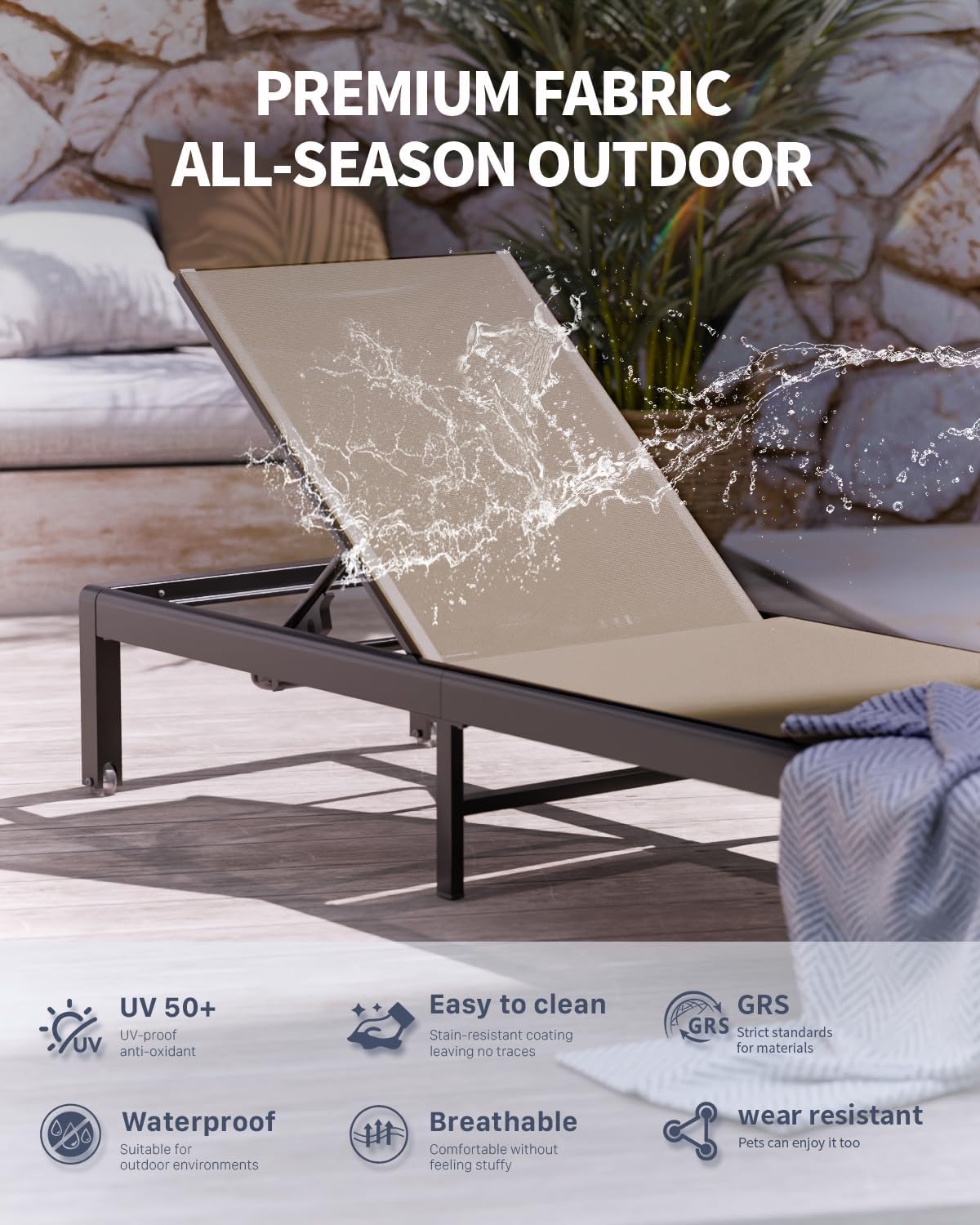 Aluminum Lounge Chairs Outdoor Chaise Furniture,2 Sets Patio Metal Deck Lounger Adjustable 5-Position Poolside Chase Recliner with Wheels for Beach,Coffee Table, (Khaki, 1 Chair)