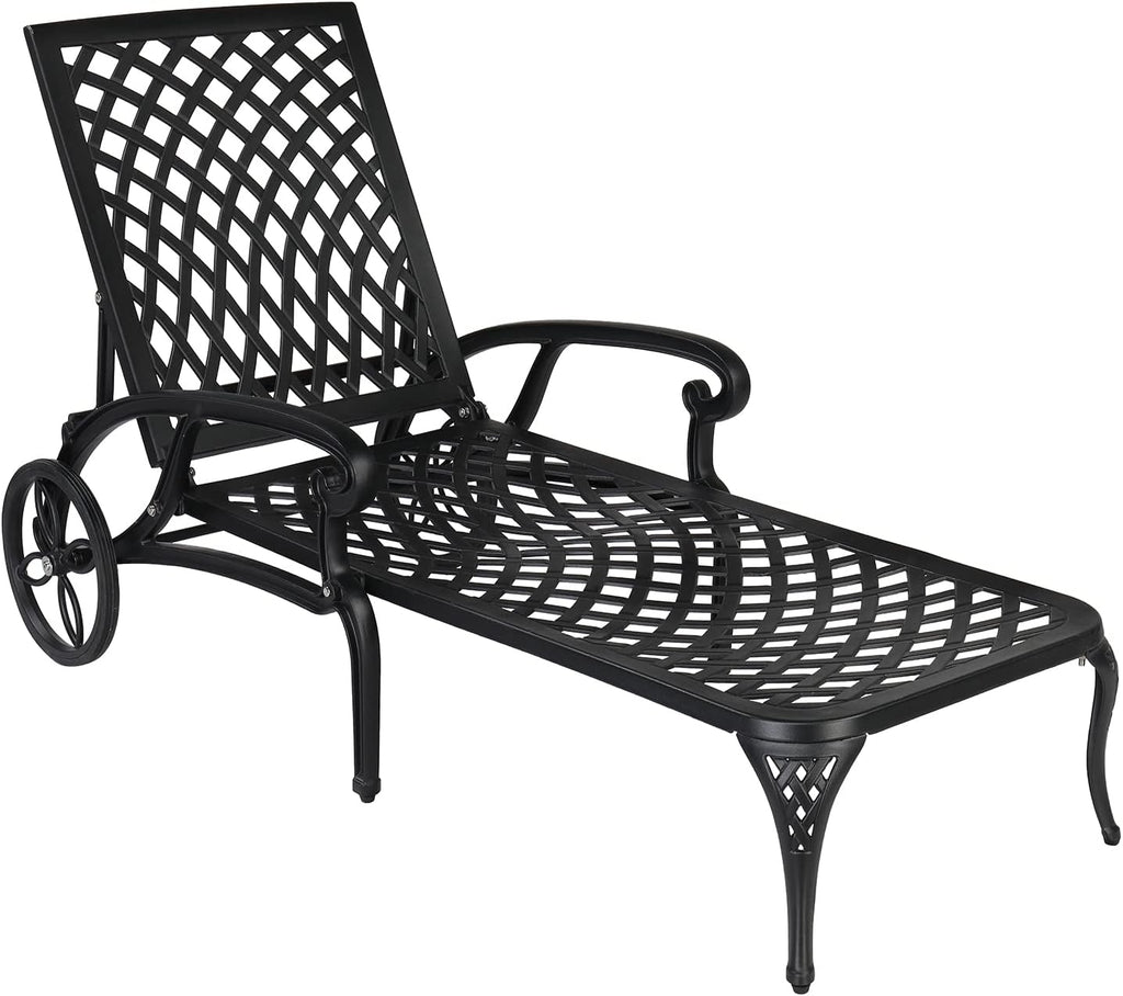 VINGLI Cast Aluminum Outdoor Chaise Lounge Chair with Wheels, Patio Chaise Lounge with 3-Position Adjustable Backrest, Tanning Chair Reclining Chair for Poolside (Black, Without Cushion)