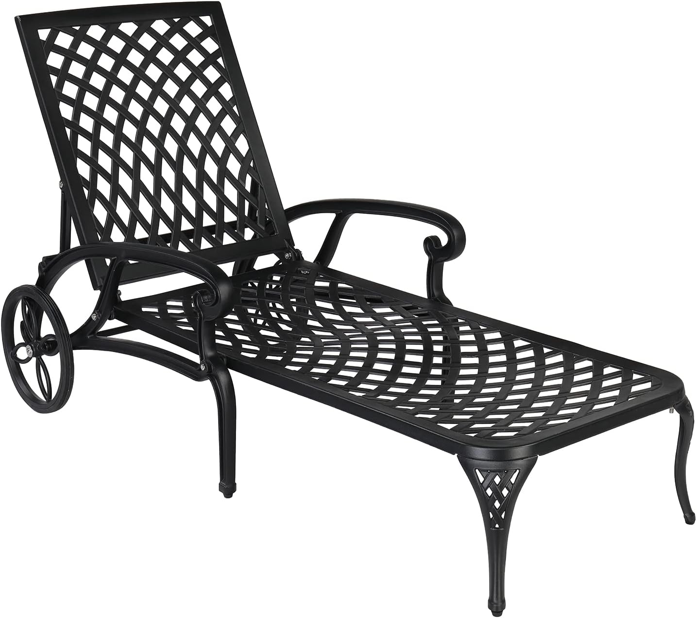 VINGLI Cast Aluminum Outdoor Chaise Lounge Chair with Wheels, Patio Chaise Lounge with 3-Position Adjustable Backrest, Tanning Chair Reclining Chair for Poolside (Black, Without Cushion)