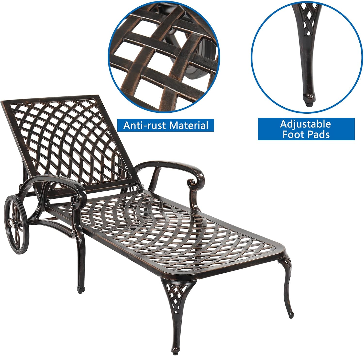 Outvita Lounge Chairs for Outside, Patio Cast Aluminum Recliner with Adjustable Back and Rolling Wheels for Backyard Porch Pool Balcony Deck (Bronze)