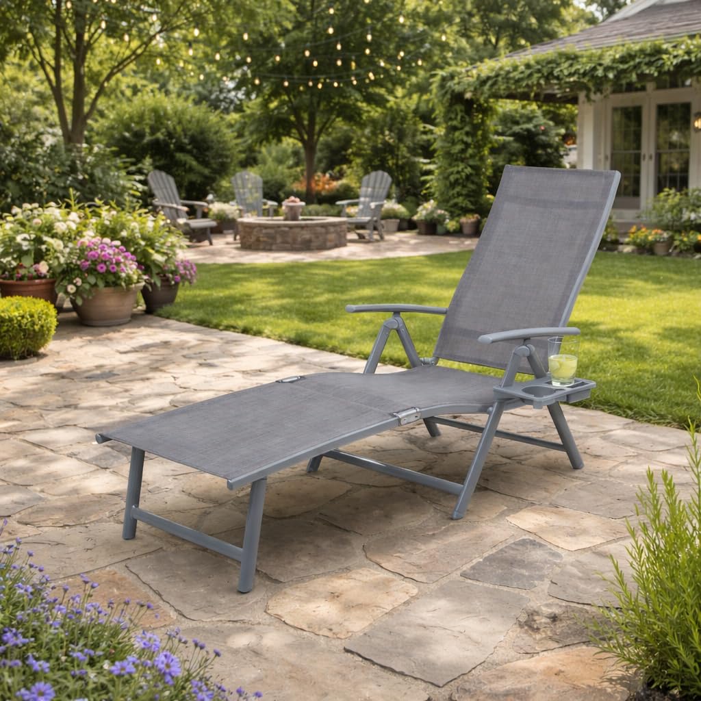 Kozyard Aluminum Outdoor Chaise Lounge Chair, Adjustable Reclining Patio Lounge with Drink Holder, Weather-Resistant Pool, Deck & Yard Recliner, Assemble-Free (1Pack, Beige)
