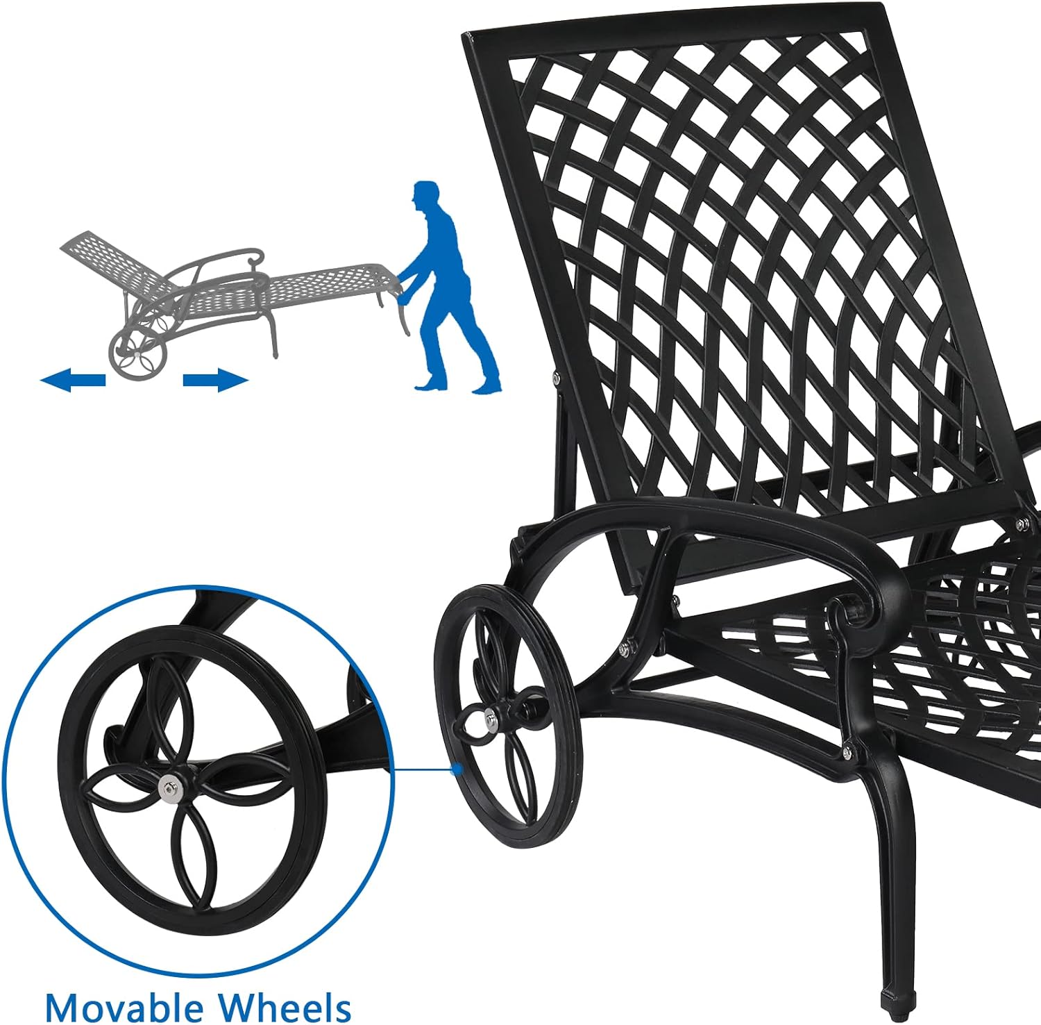 VINGLI Cast Aluminum Outdoor Chaise Lounge Chair with Wheels, Patio Chaise Lounge with 3-Position Adjustable Backrest, Tanning Chair Reclining Chair for Poolside (Black, Without Cushion)