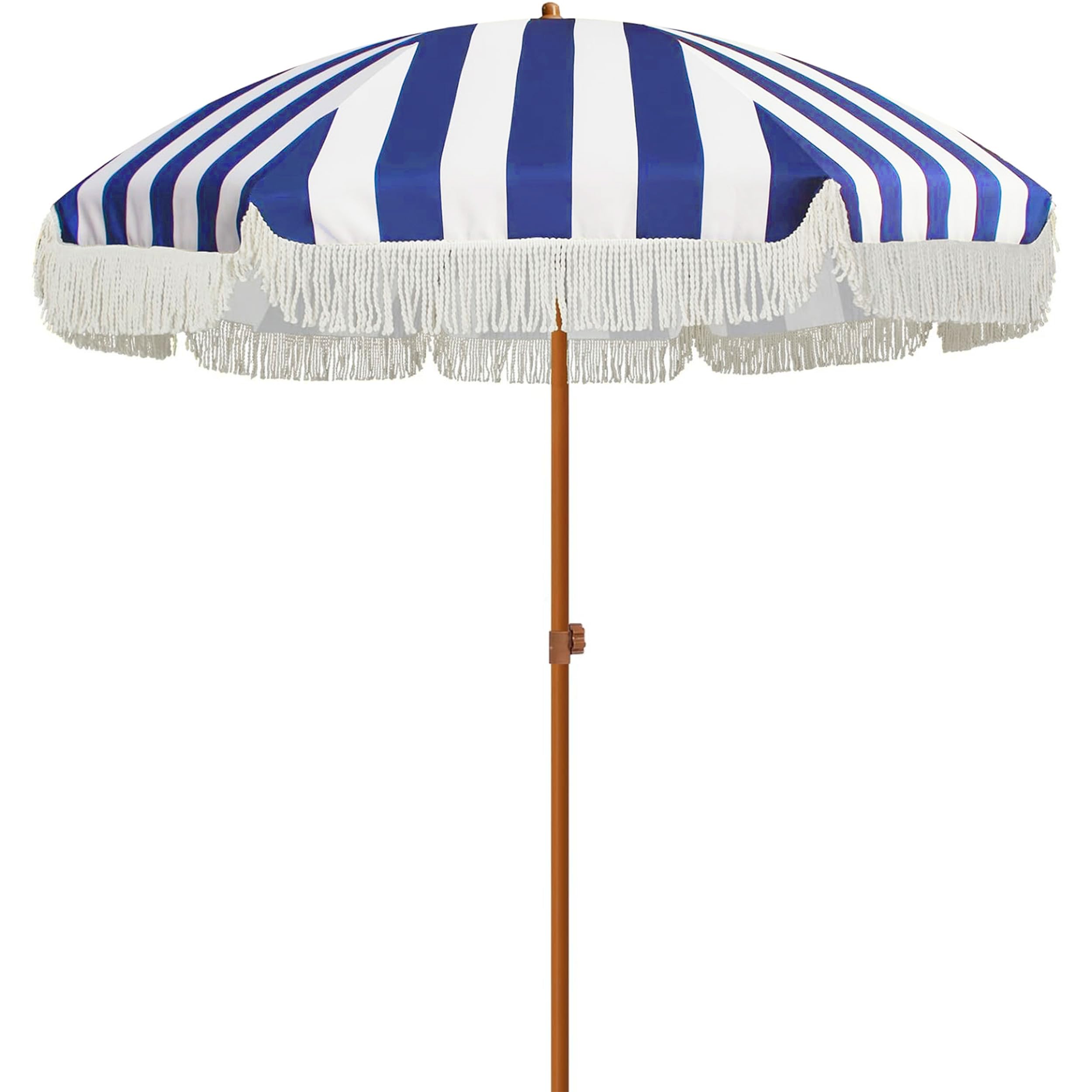 AMMSUN 7ft Patio Umbrella with Fringe Outdoor Tassel Umbrella UPF50+ Premium Steel Pole and Ribs Push Button Tilt, Navy Blue Stripes