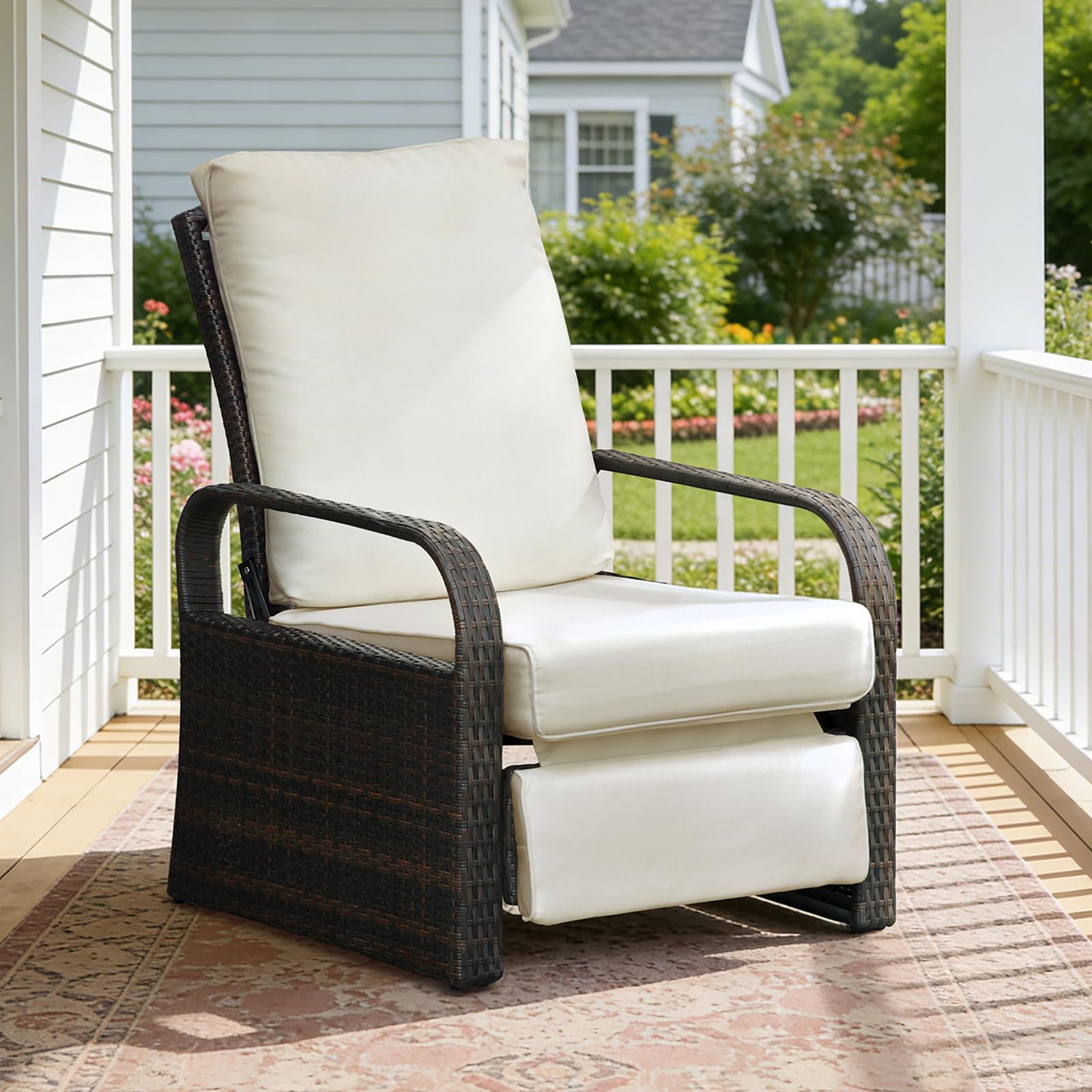Babylon Outdoor Recliner Wicker Patio Adjustable Recliner Chair with Cushions, Rust-Resistant Aluminum Frame,All-Weather Resin Rattan, Brown& Khaki