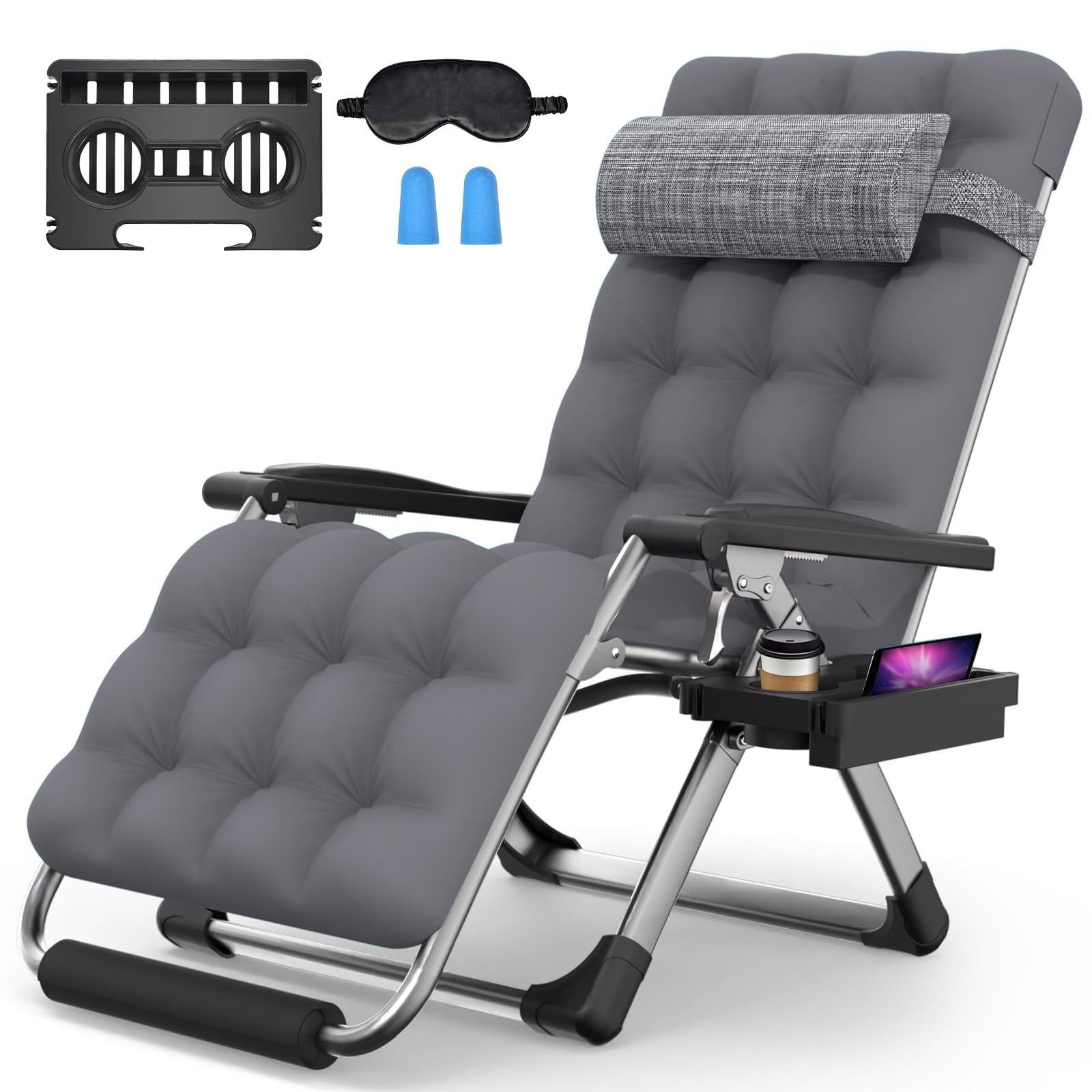 Suteck Zero Gravity Chair, Reclining Camping Lounge Chair with Aluminum Alloy Lock, Folding Patio Recliner w/Removable Pad, Adjustable Headrest and Side Tray for Outdoor Patio, Lawn, and Camping
