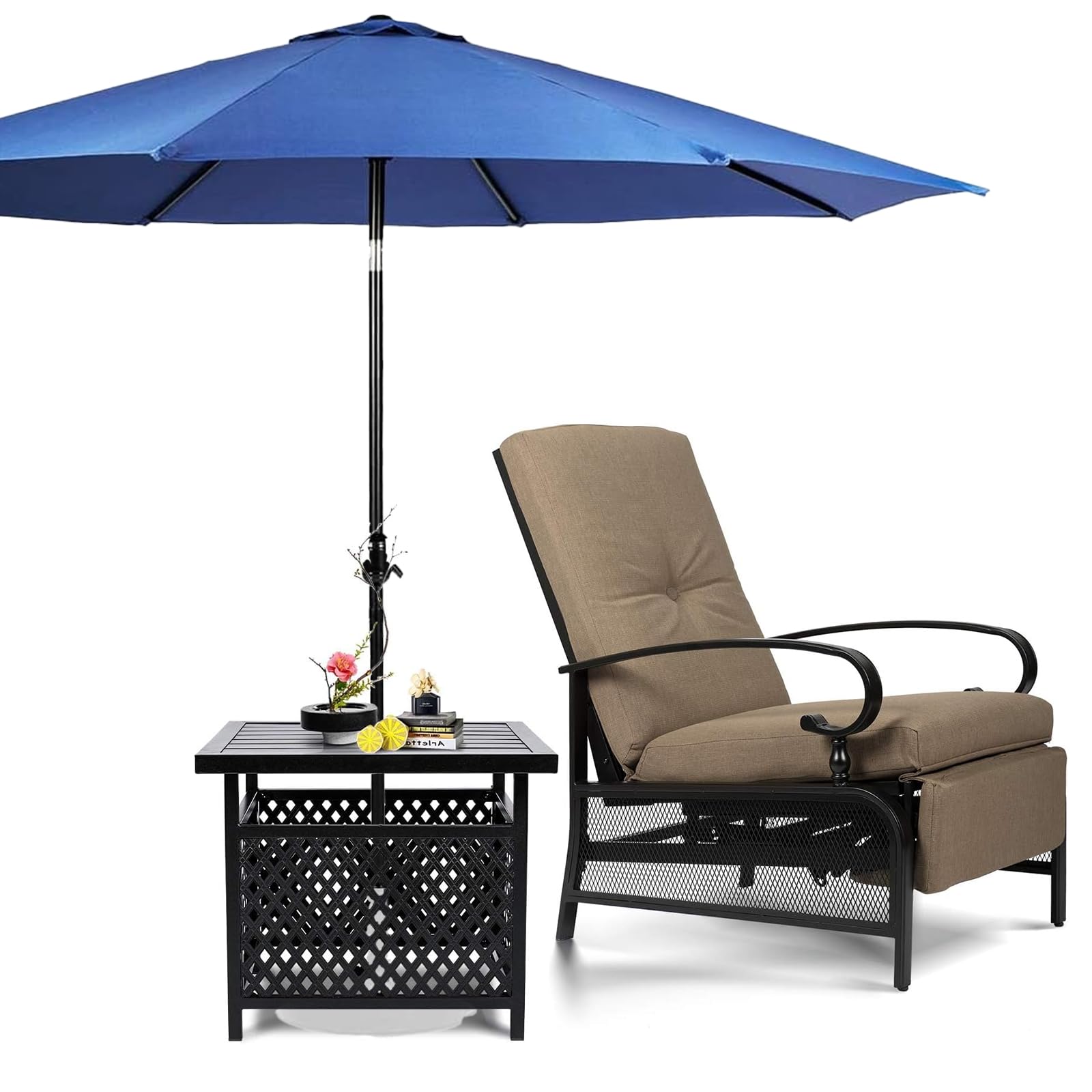 SUNCROWN Outdoor Adjustable Recliner Chair for Patio - A Relaxing Outdoor Metal Furniture Chair with Thick Cushion, Brown