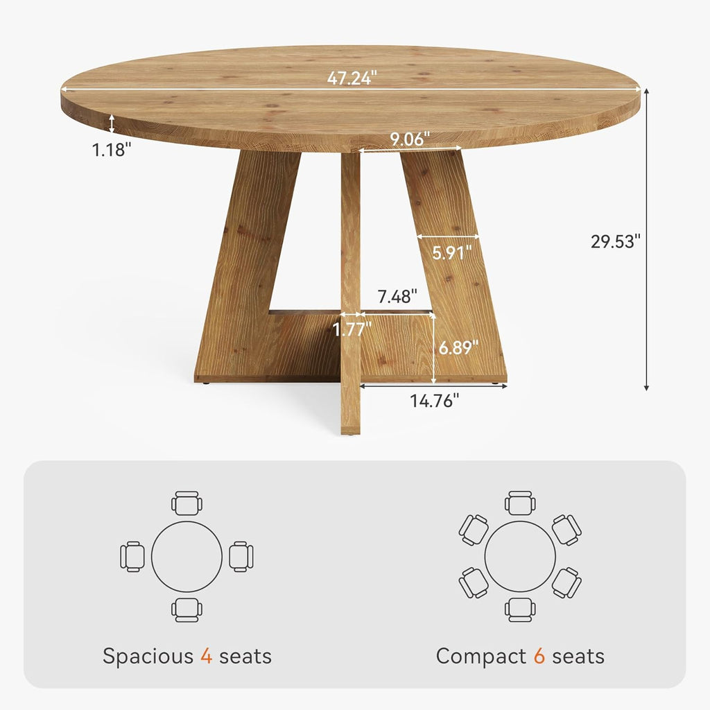Solid Wood Round Dining Table, 47" Farmhouse Kitchen Table for 4-6, Wooden Circle Dinner Table for Dining Room, Family Gathering, Natural Brown