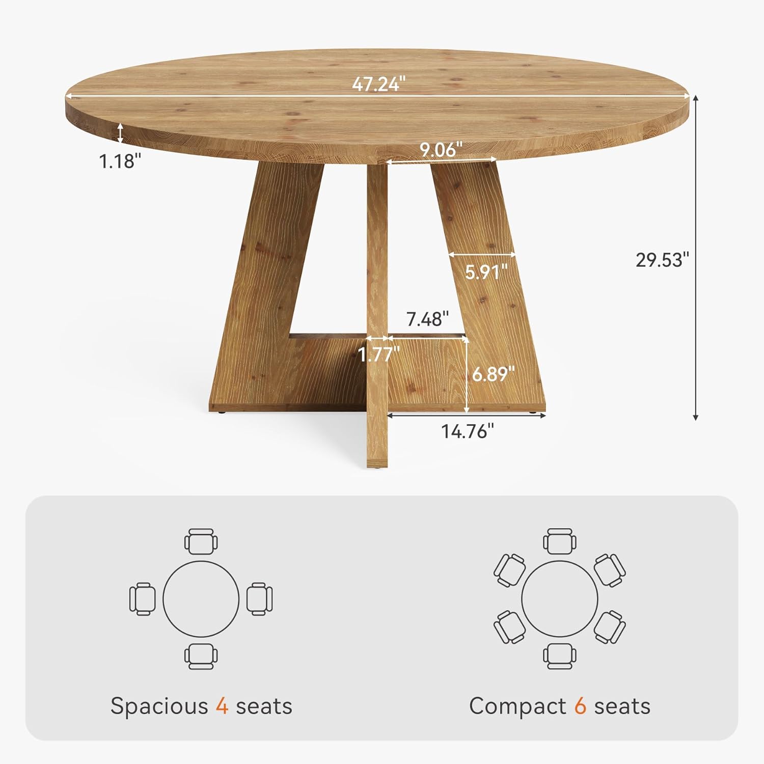 Solid Wood Round Dining Table, 47" Farmhouse Kitchen Table for 4-6, Wooden Circle Dinner Table for Dining Room, Family Gathering, Natural Brown